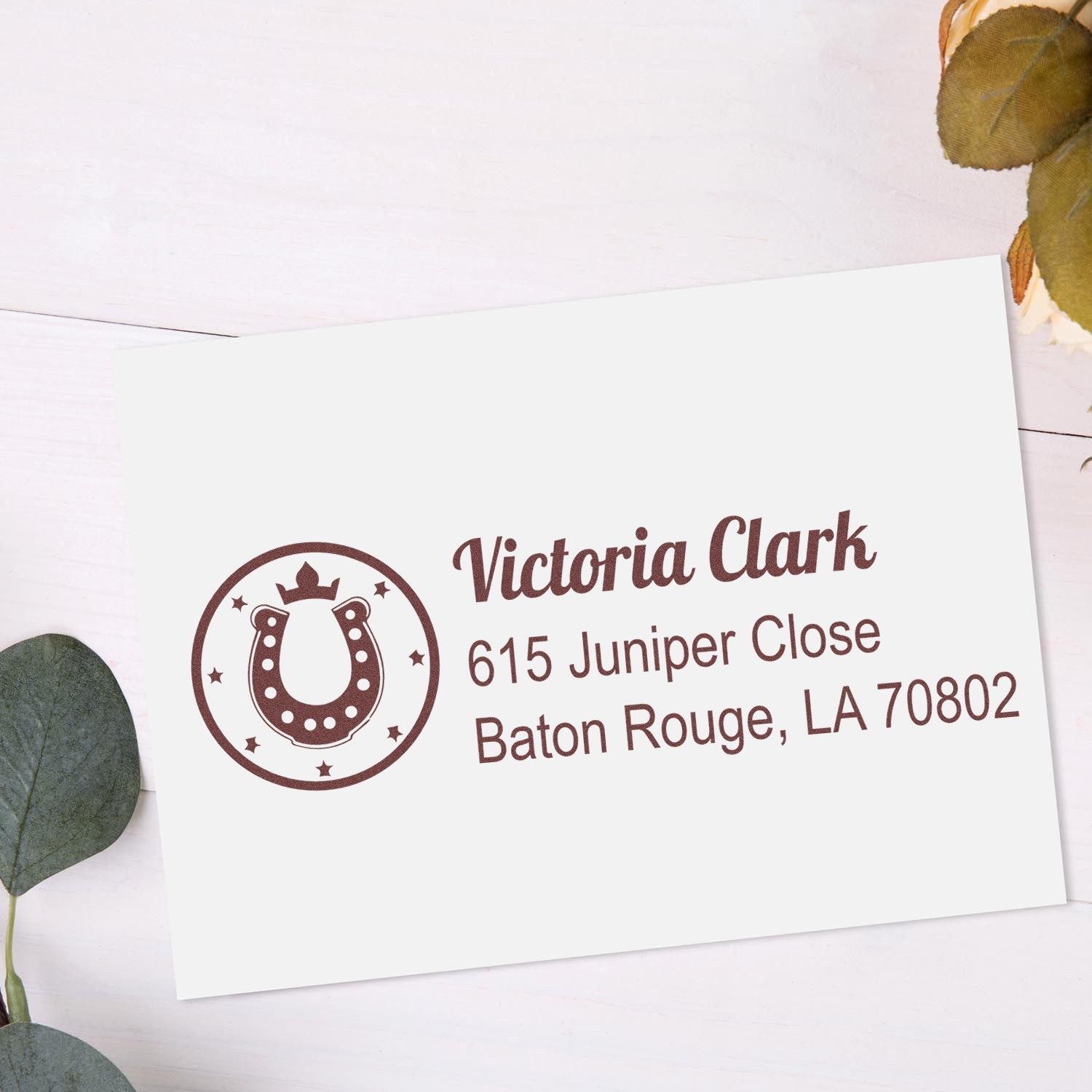 Custom return address rubber stamp with horseshoe monogram for Victoria Clark, Baton Rouge, LA.