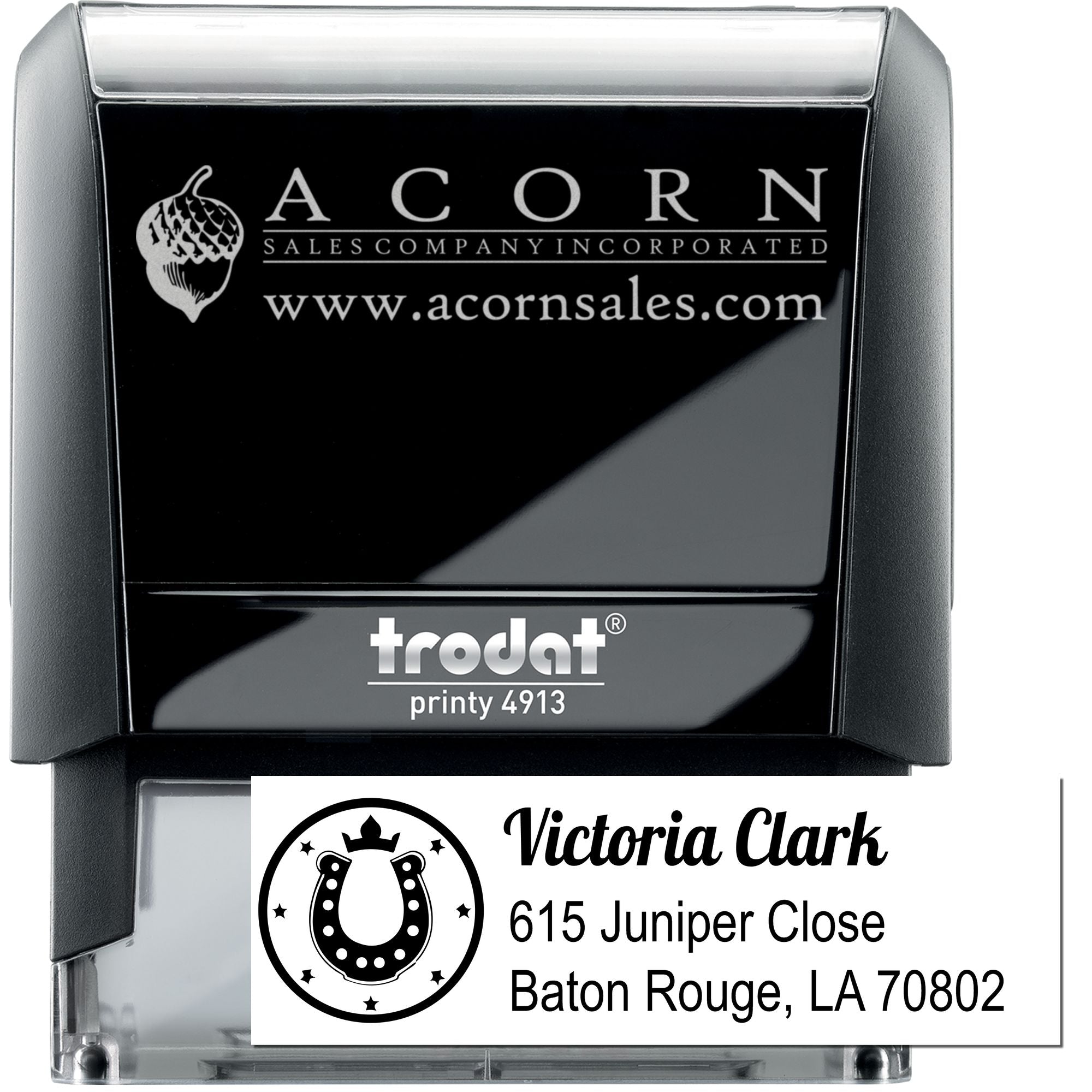 Custom self-inking rubber stamp with business logo and address imprint, Trodat Printy 4913 for personalized mailing.