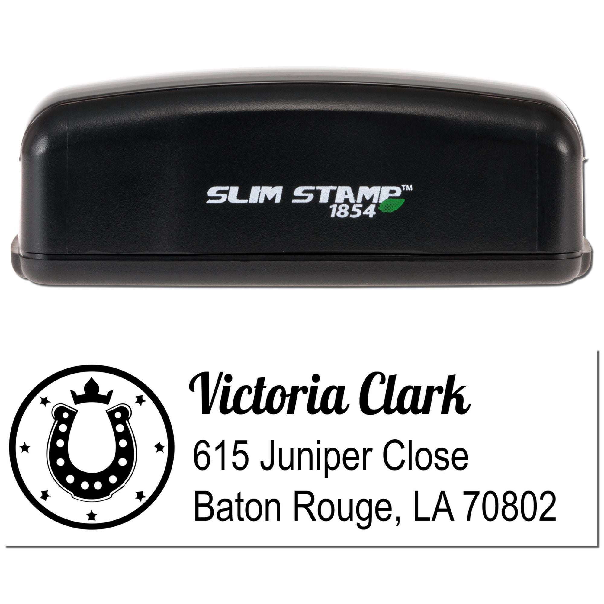 Custom self-inking rubber address stamp for Victoria Clark, 615 Juniper Close, Baton Rouge, LA 70802.