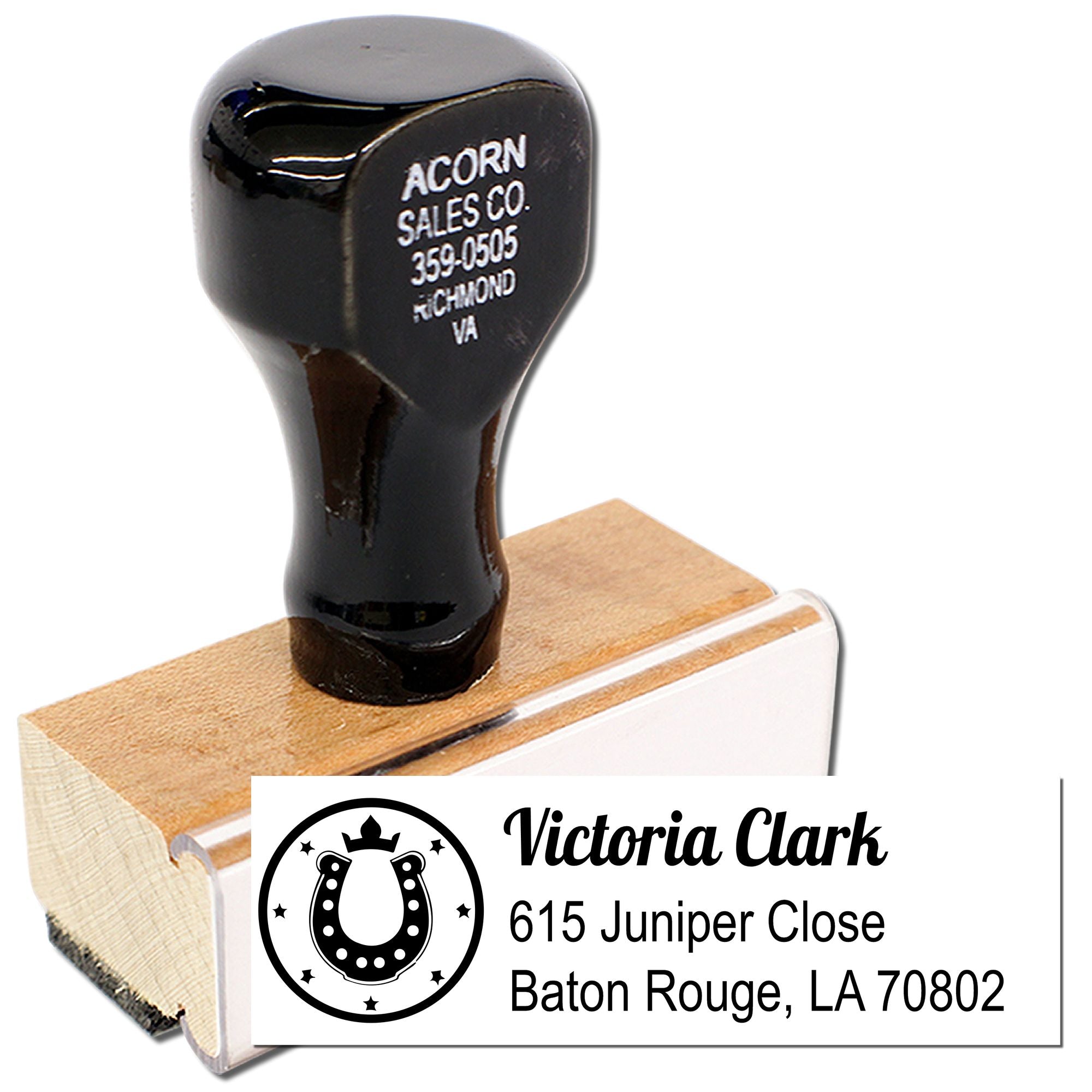 Custom self-inking rubber address stamp with horseshoe monogram for personalized mailing and return addresses