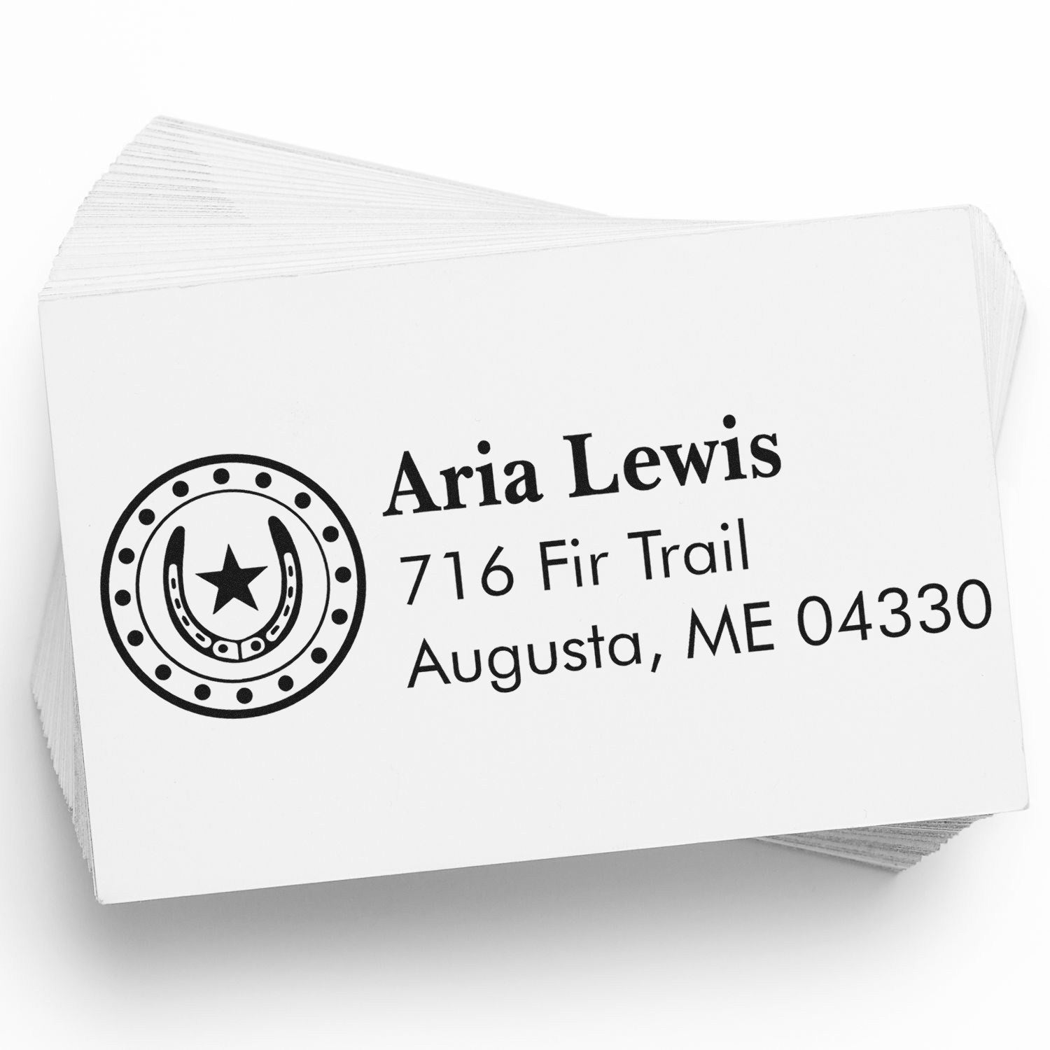 Custom return address rubber stamp for Aria Lewis, 716 Fir Trail, Augusta, ME 04330, with horseshoe logo.