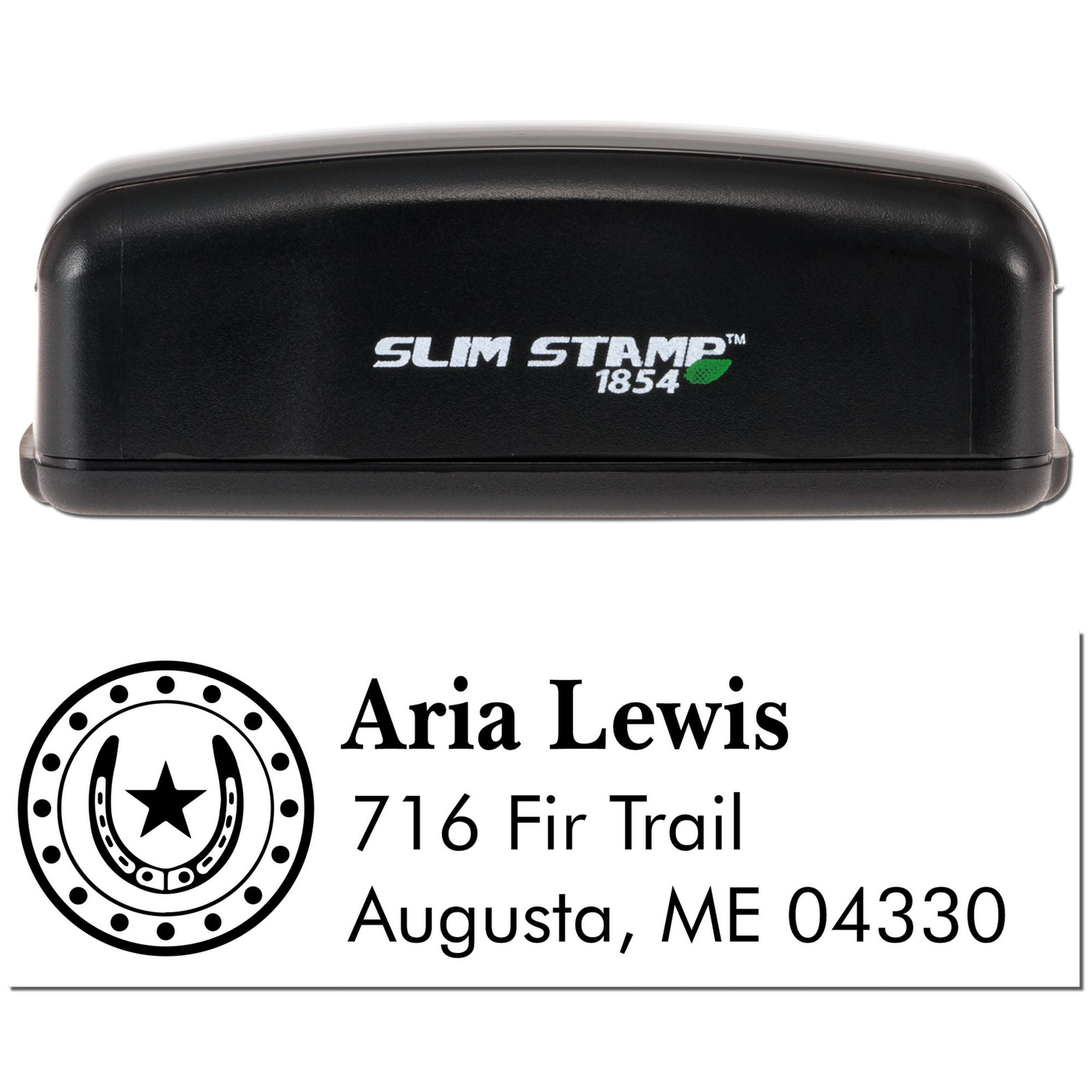 Custom address rubber stamp with horseshoe logo and return address for Aria Lewis, Augusta, ME 04330