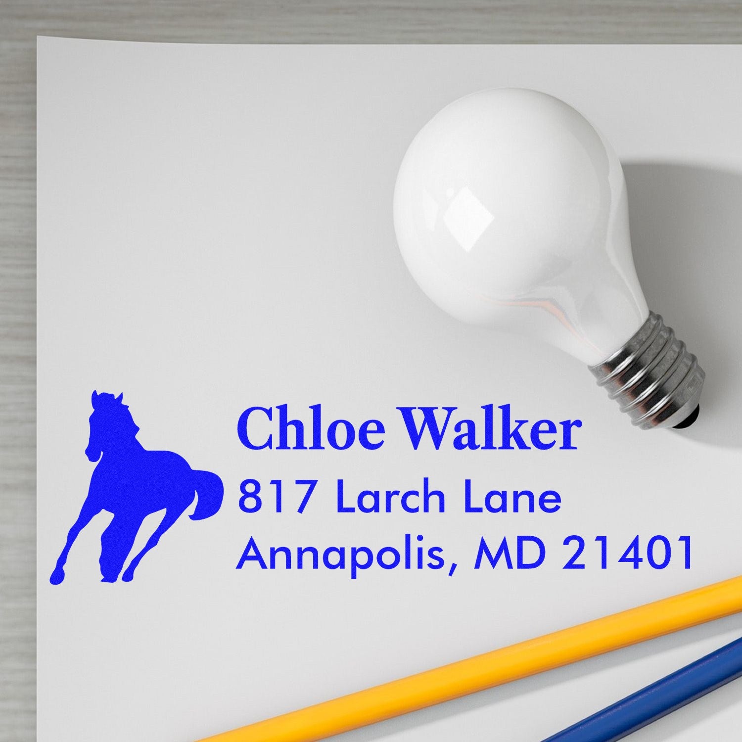 Custom horse address rubber stamp for Chloe Walker, 817 Larch Lane, Annapolis, MD 21401.