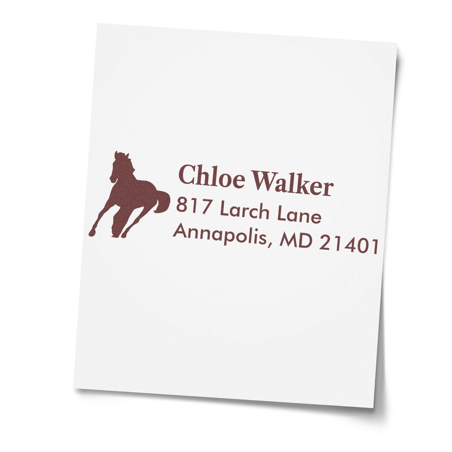 Custom horse address rubber stamp with personalized name and Annapolis, MD mailing address for stationery and mailings