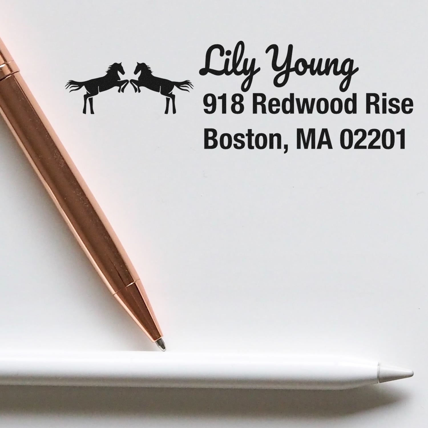 Personalized horse logo return address rubber stamp for Lily Young, Boston MA 02201, on white paper with pens.