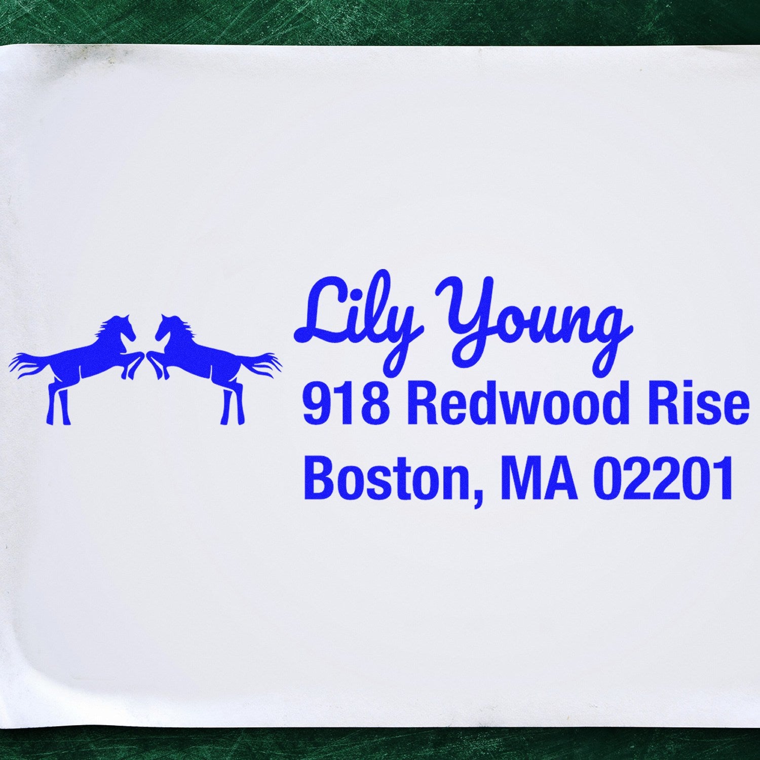 Custom rubber stamp with horse logo and blue return address for Lily Young, 918 Redwood Rise, Boston, MA 02201.