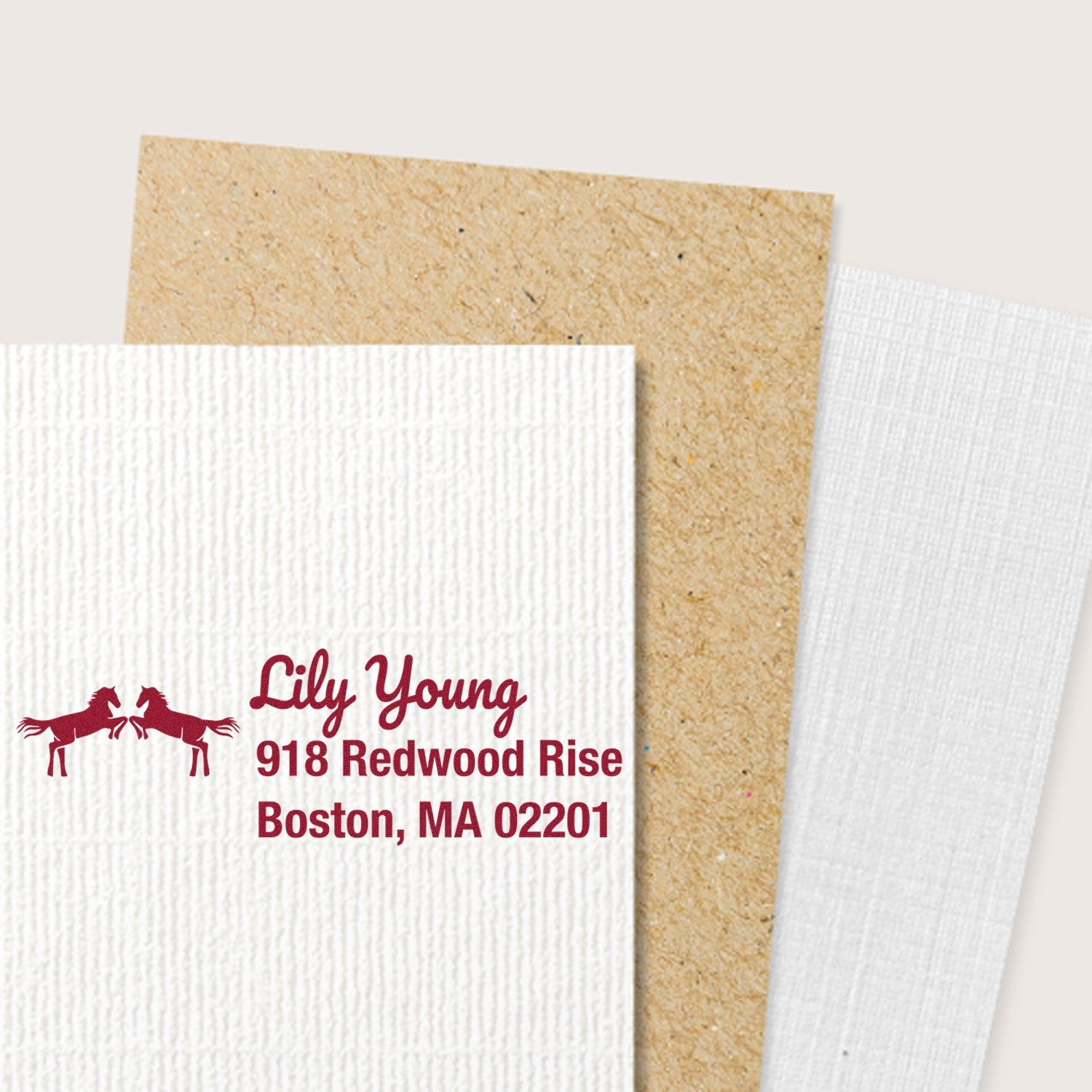 Custom return address rubber stamp with horse logo for Lily Young, Boston MA 02201 on textured stationery.