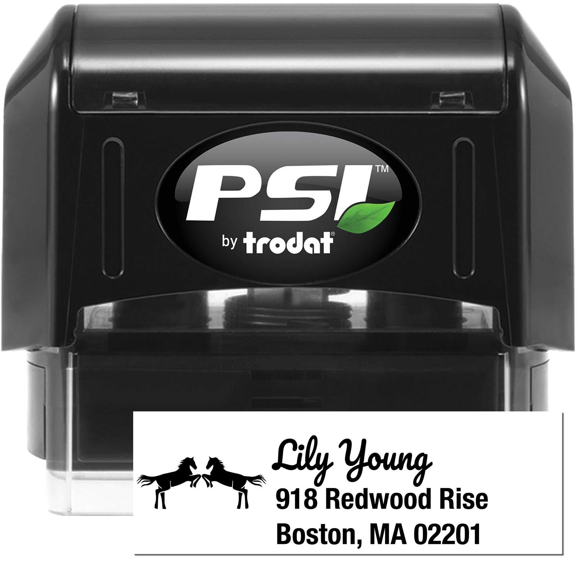 PSI by Trodat self-inking rubber stamp for custom name and address imprint with horse logo.