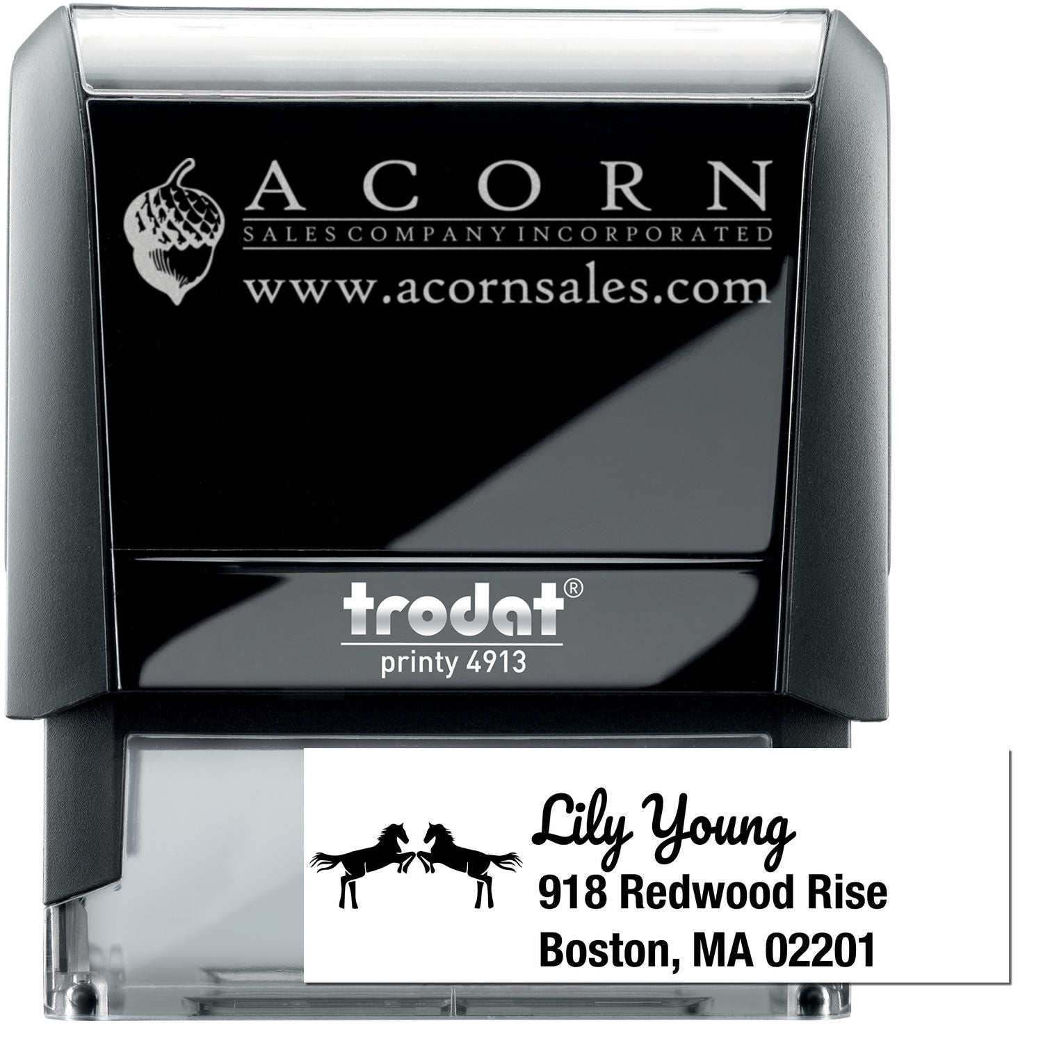 Custom self-inking rubber address stamp with logo, Trodat Printy 4913, for personalized business mailing.