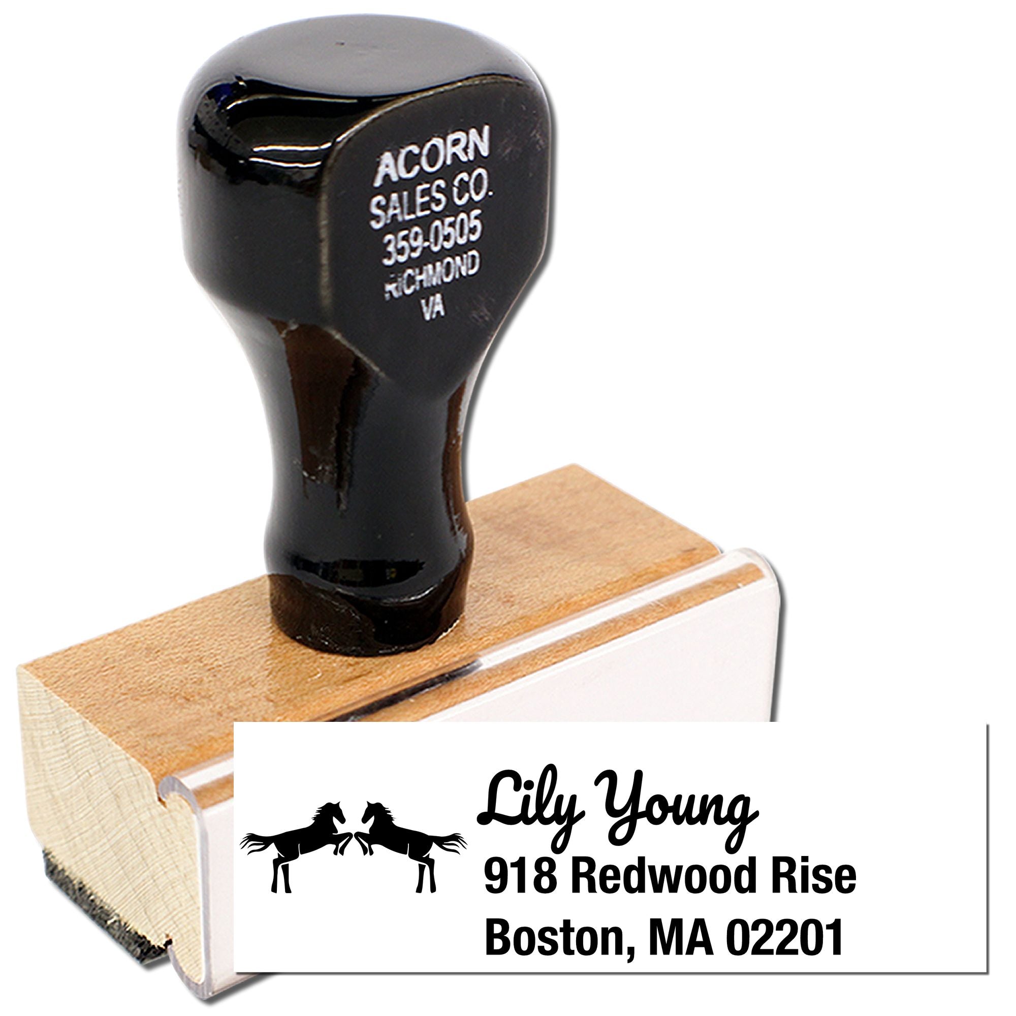 Personalized return address rubber stamp with horse logo and wooden handle for custom mailing envelopes.