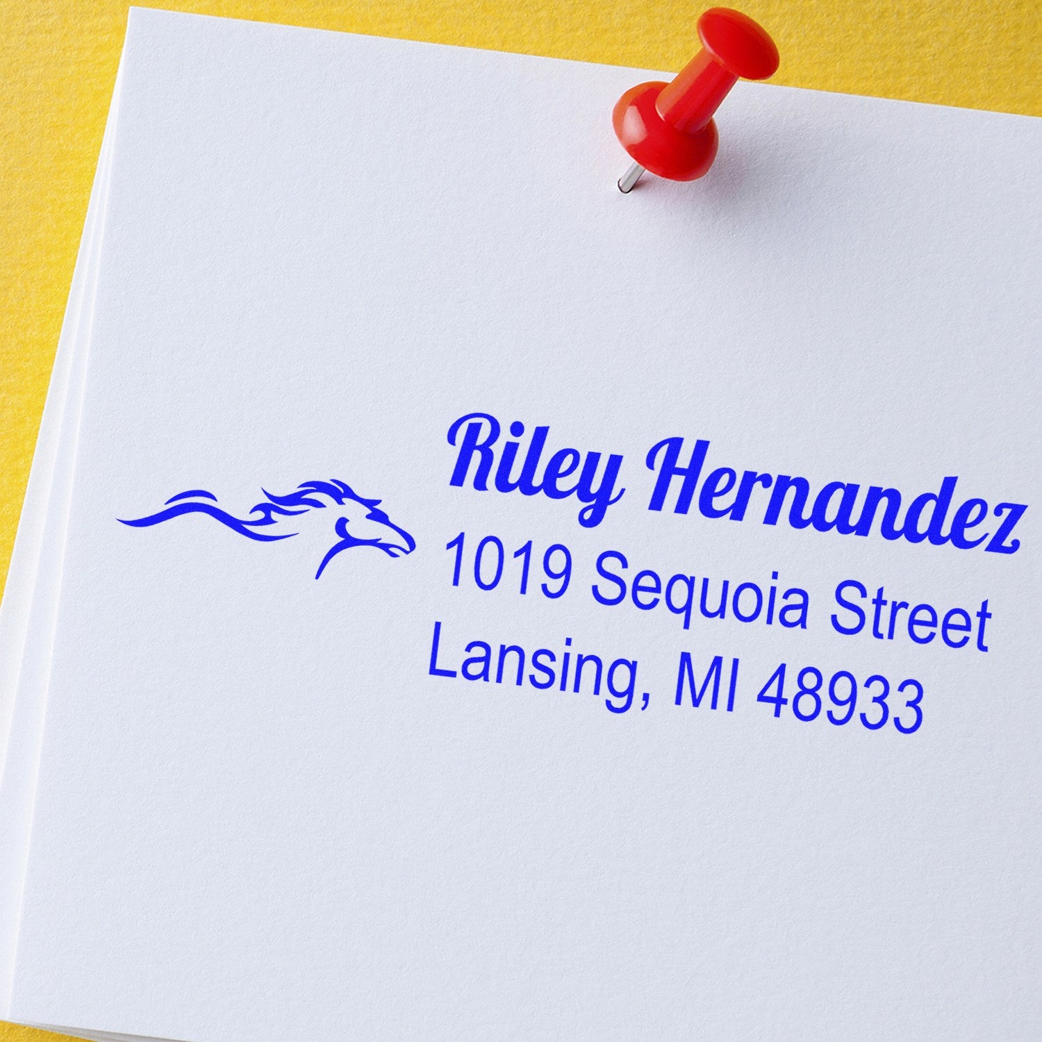 Custom rubber address stamp for Riley Hernandez, Lansing, MI, with horse logo for mailing envelopes