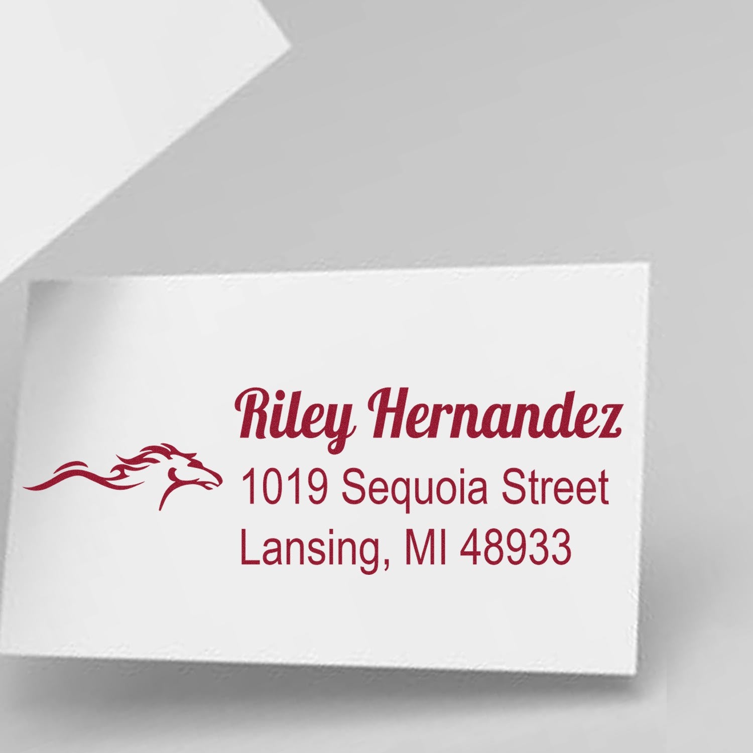 Custom rubber address stamp with horse logo for Riley Hernandez, 1019 Sequoia Street, Lansing, MI 48933