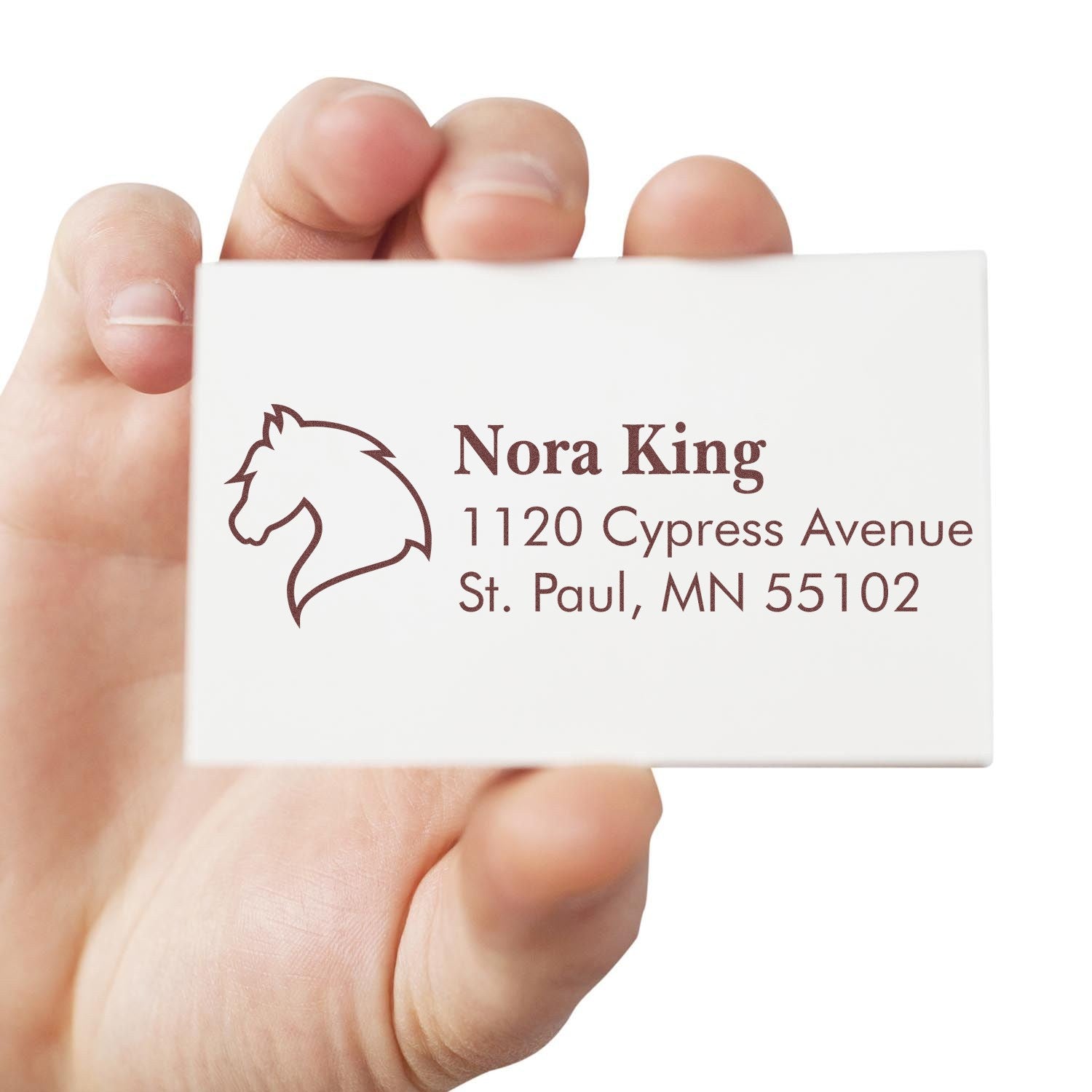 Custom horse logo rubber address stamp for Nora King, 1120 Cypress Ave, St. Paul, MN 55102