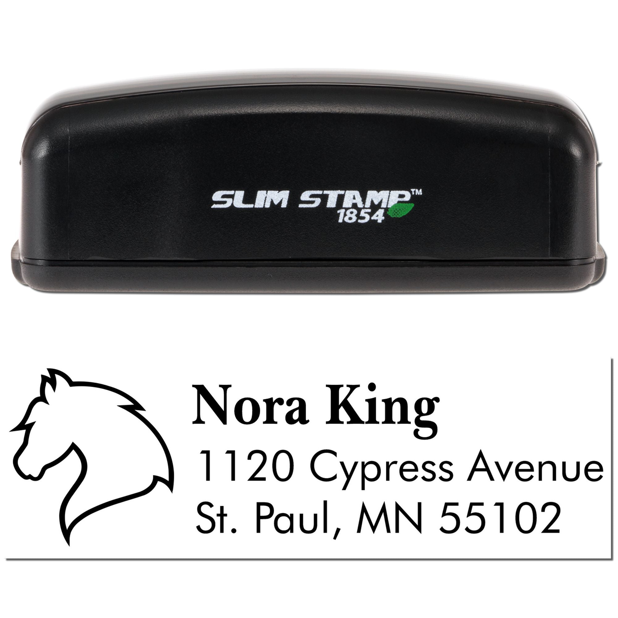 Custom self-inking address rubber stamp with horse logo, Slim Stamp 1854, for Nora King return address imprint in St. Paul, MN.