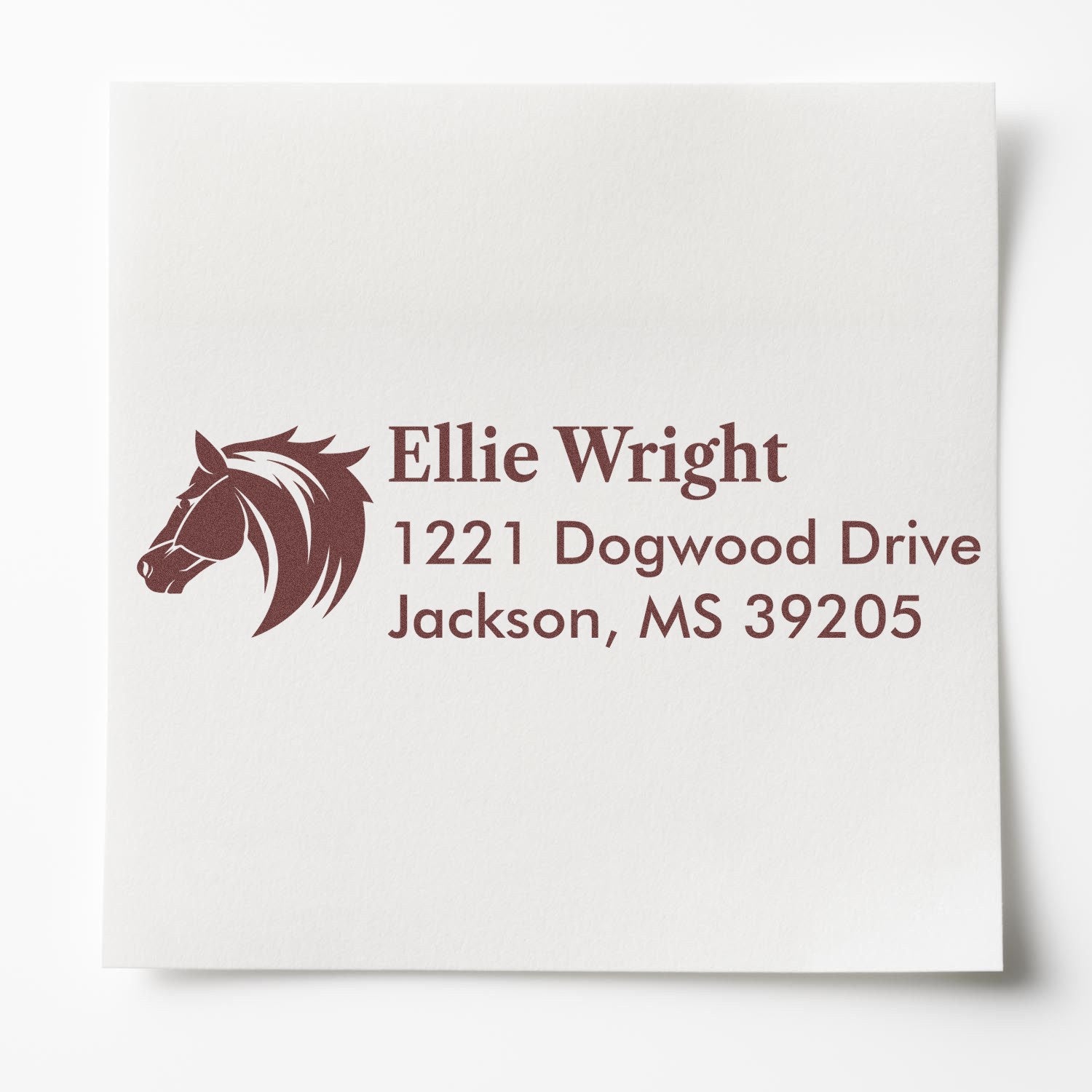Personalized horse return address rubber stamp for Ellie Wright, 1221 Dogwood Drive, Jackson, MS 39205.