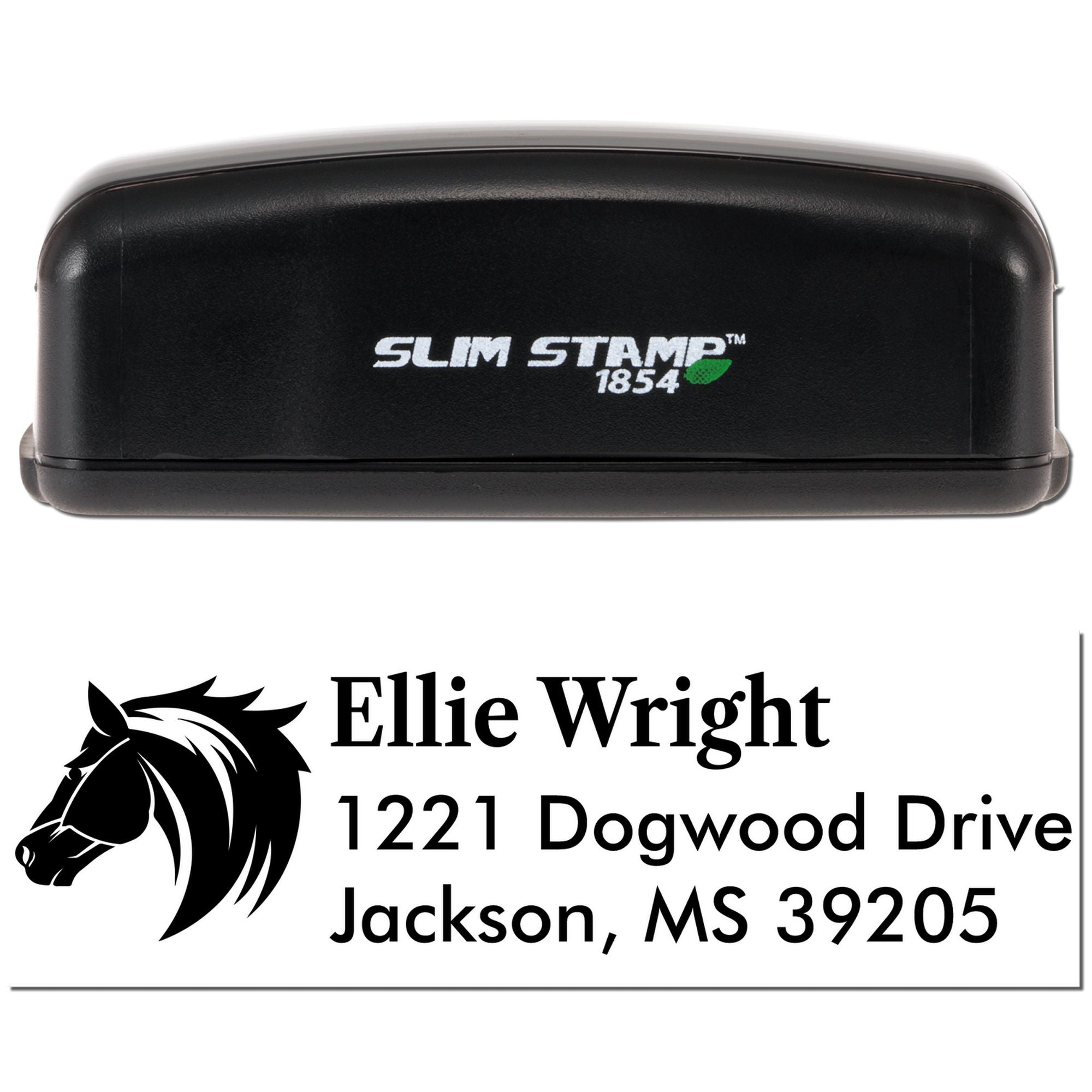 Slim Stamp 1854 custom address rubber stamp with horse logo for Ellie Wright, Jackson, MS 39205