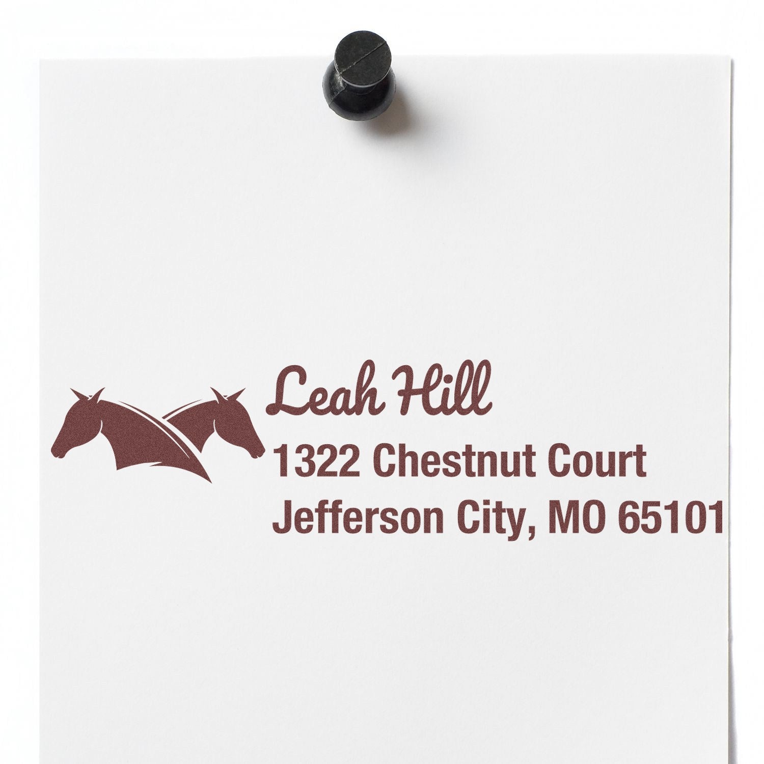 Custom horse address rubber stamp for Leah Hill, 1322 Chestnut Court, Jefferson City, MO 65101.