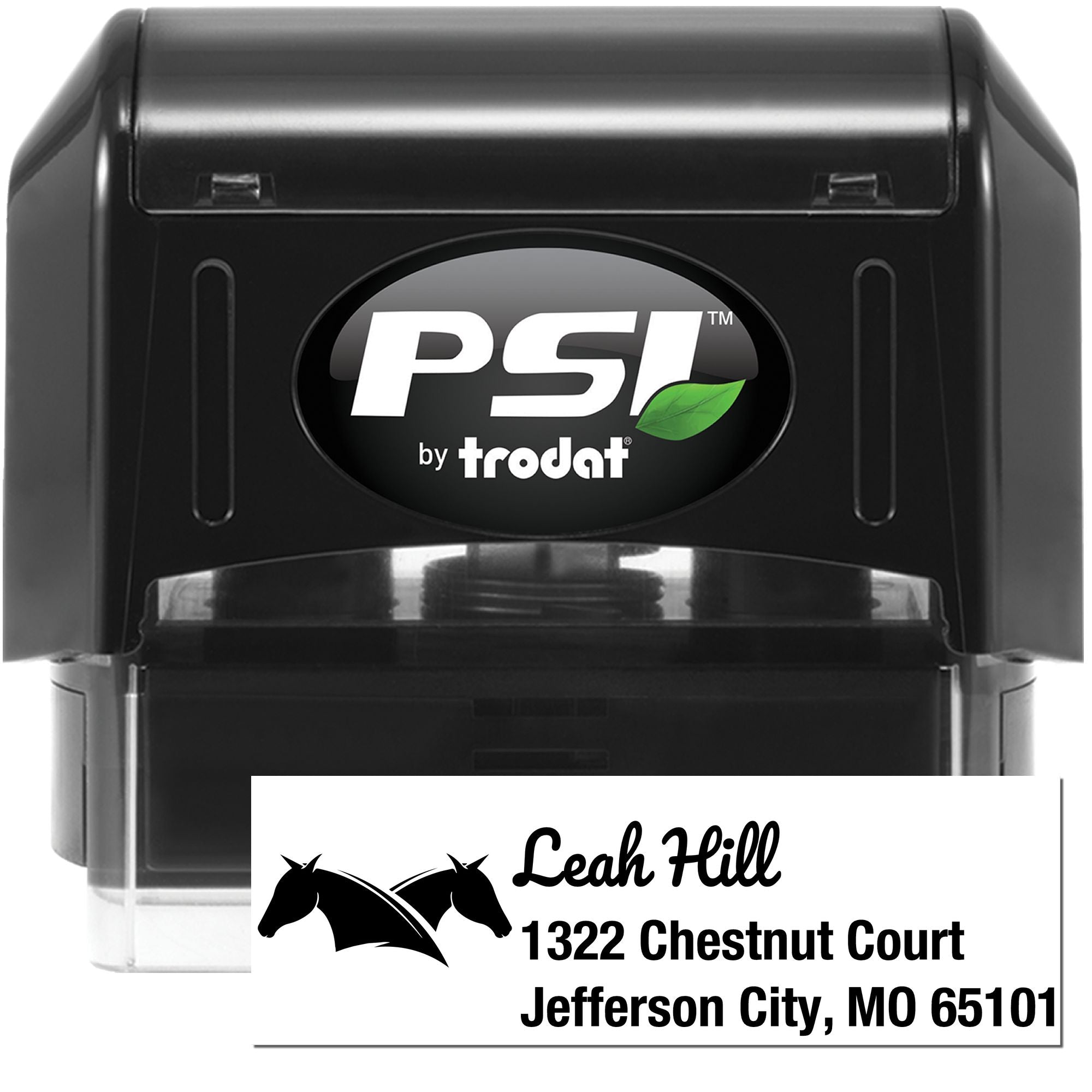 PSI by Trodat self-inking rubber stamp with custom horse address imprint for personalized mailing and business use.