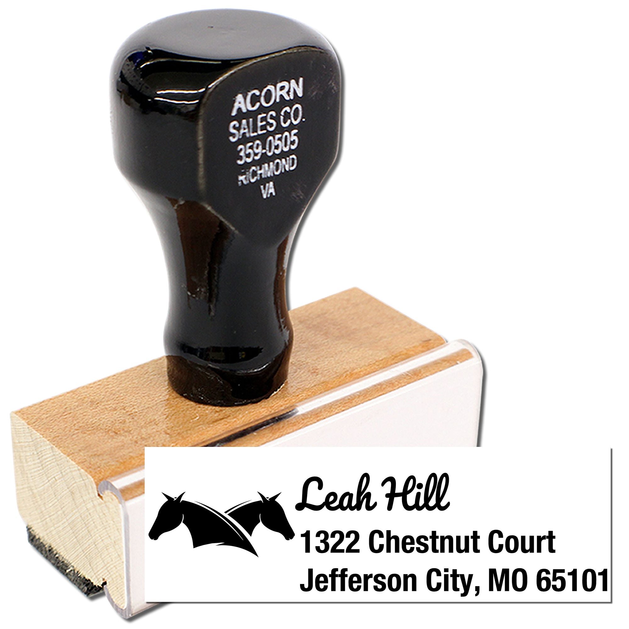 Custom horse logo return address rubber stamp for Leah Hill, 1322 Chestnut Court, Jefferson City, MO 65101