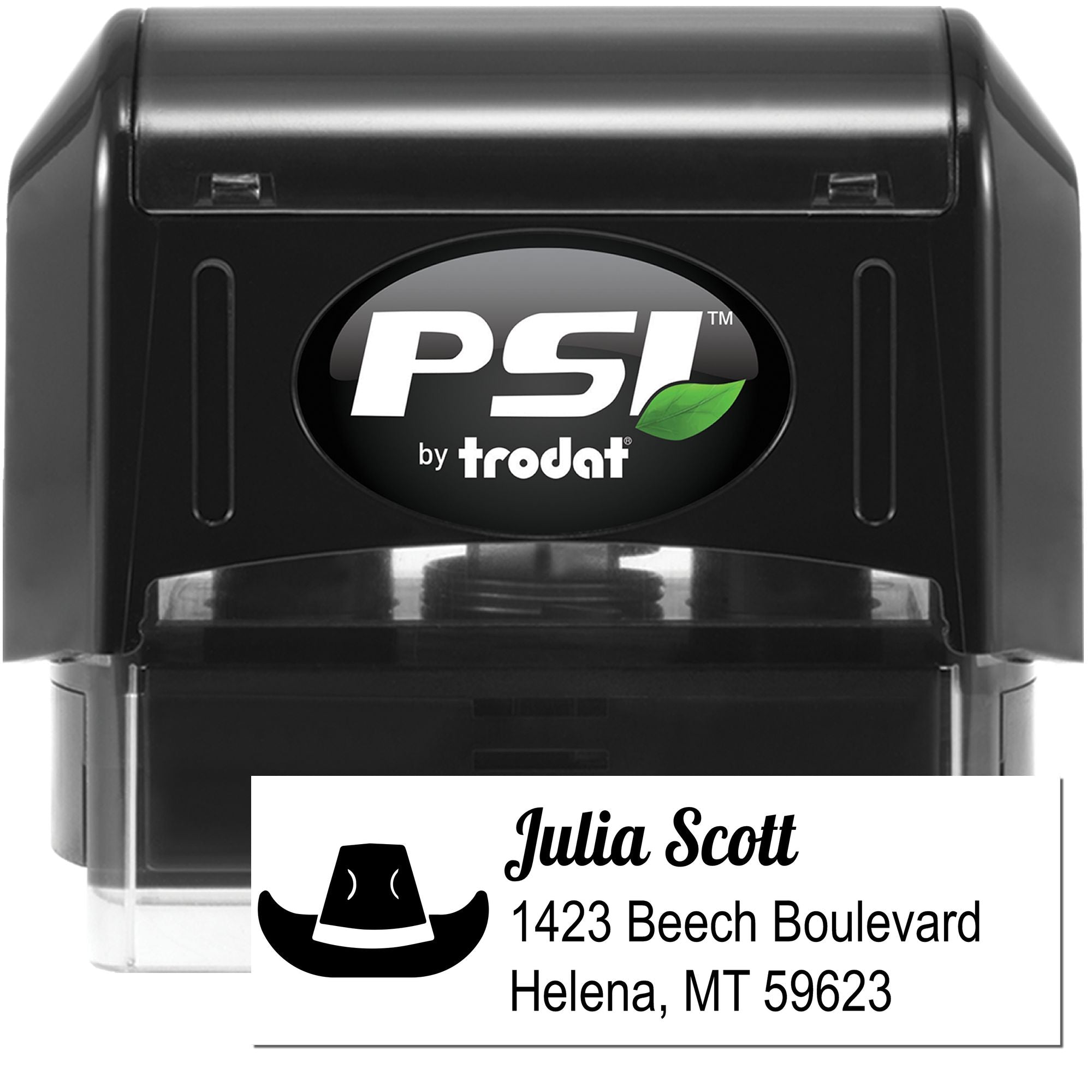 PSI by Trodat self-inking custom address stamp with logo, ideal for mailing labels, business correspondence and return addresses.