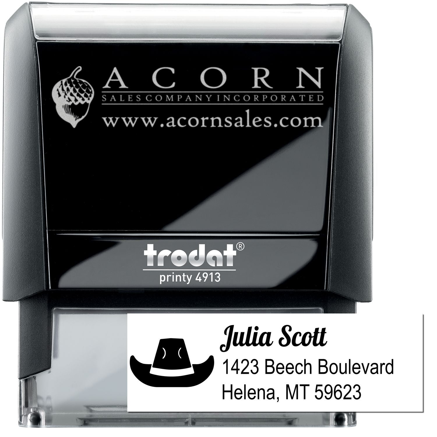 Custom Trodat self-inking rubber stamp with logo, website, and address for business branding and mailing.