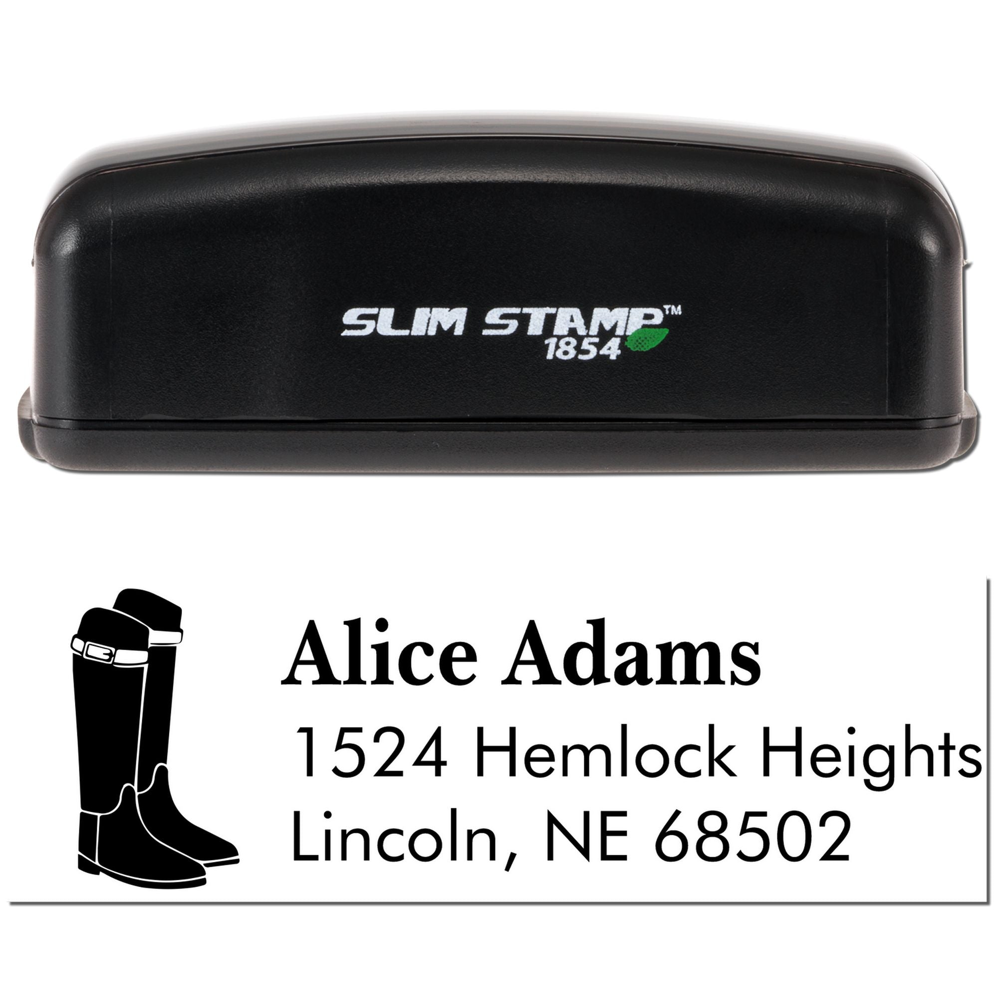 Slim Stamp 1854 custom rubber address stamp with cowboy boots icon and Alice Adams Lincoln, NE 68502 return address imprint.