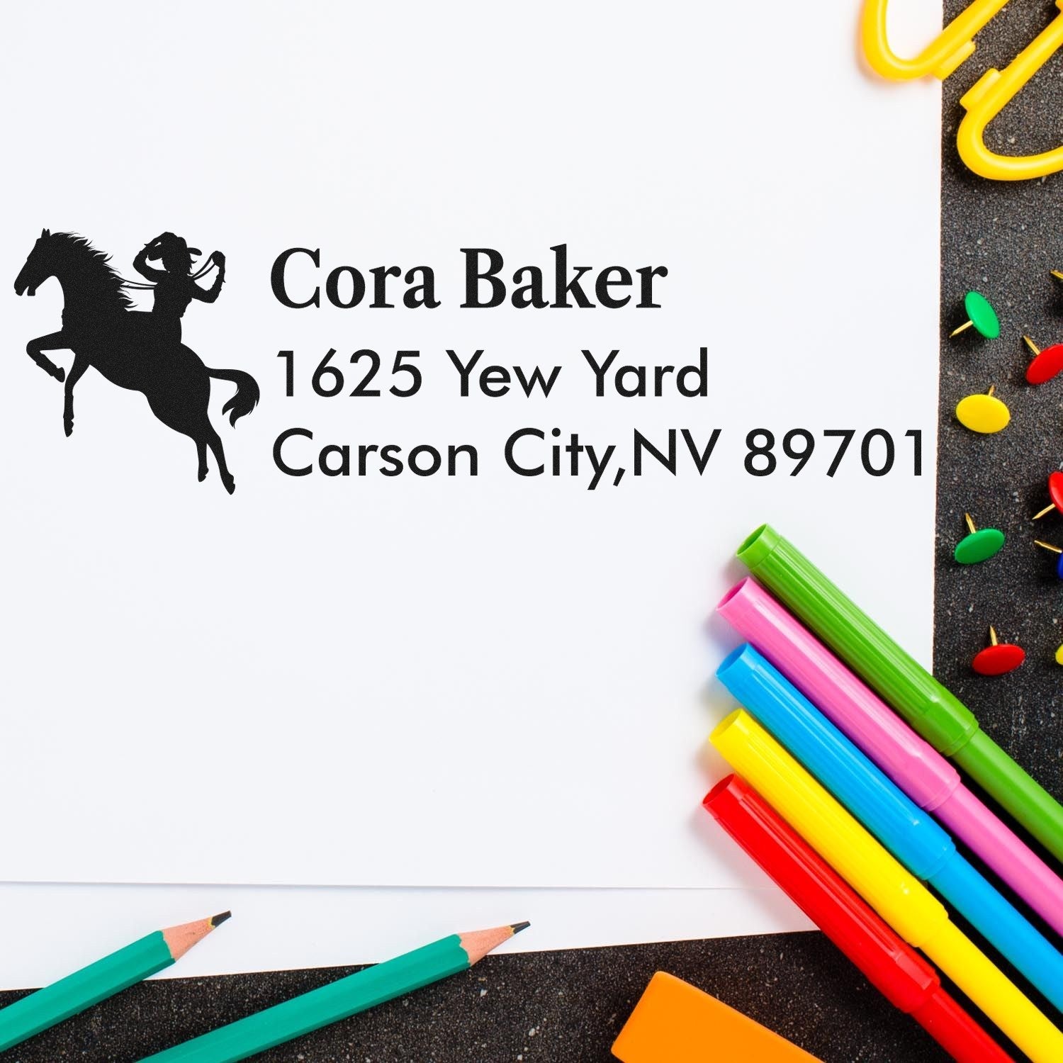 Custom horse return address rubber stamp for Cora Baker, Carson City, NV 89701.