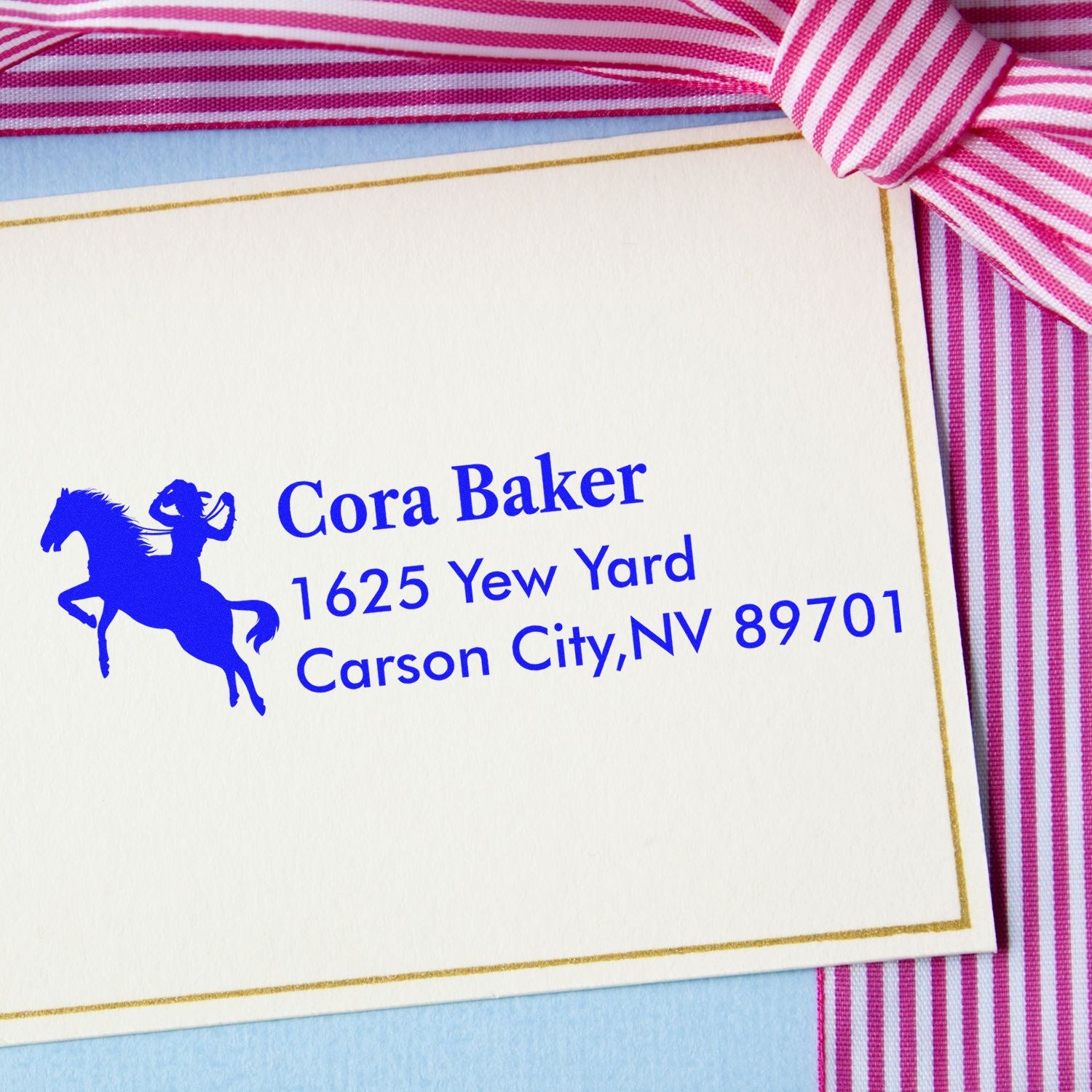 Personalized horse return address rubber stamp for stationery, featuring Cora Baker, Carson City, NV.