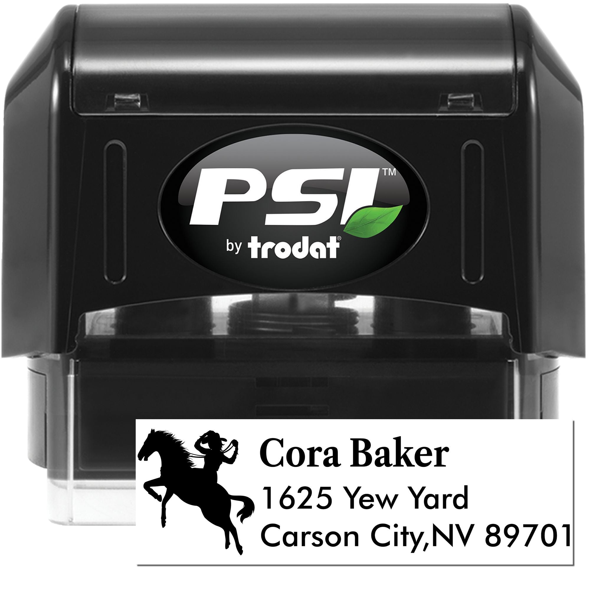Custom self-inking address rubber stamp for Cora Baker with horse rider silhouette, Carson City, NV 89701.