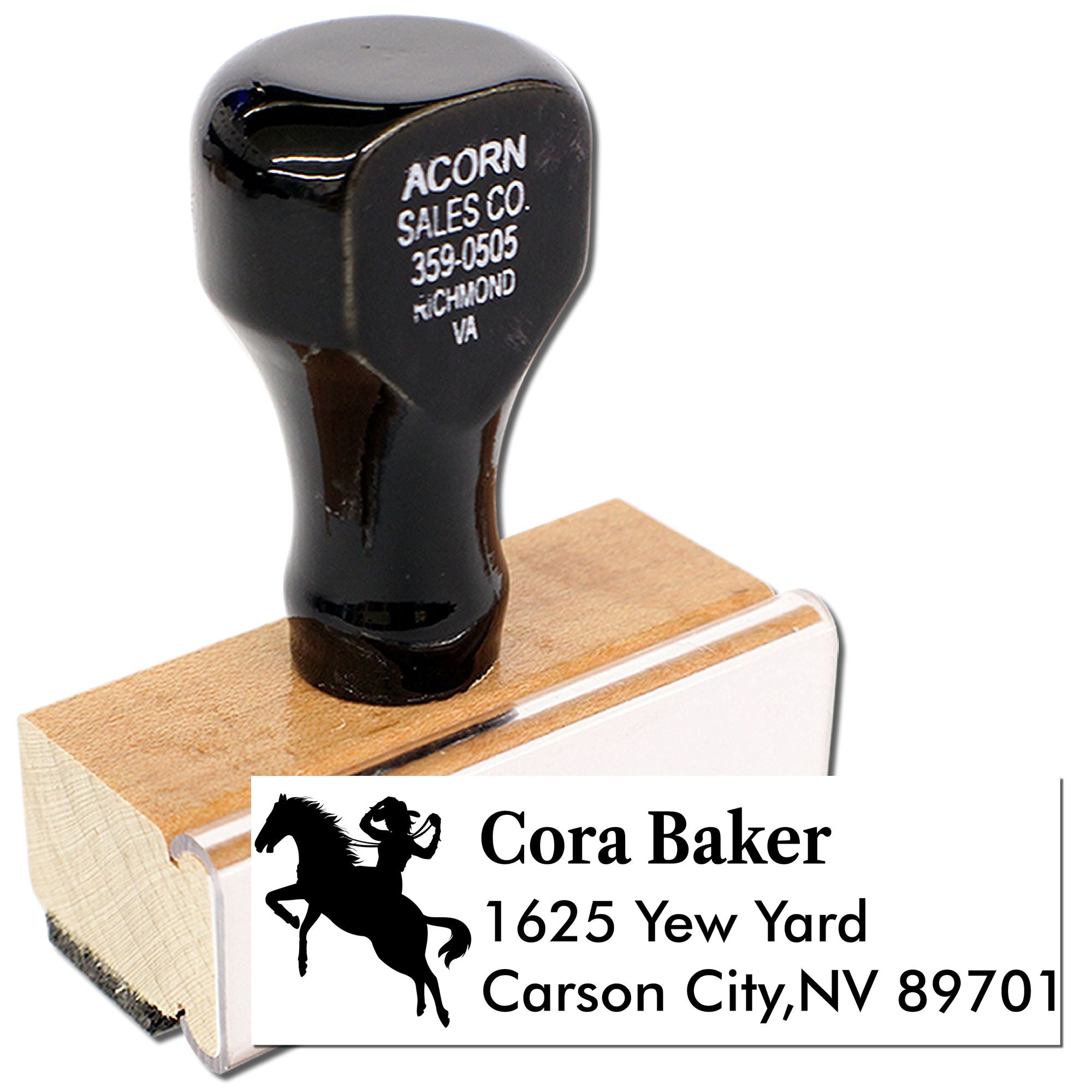 Personalized horse rider address rubber stamp with custom return address for Cora Baker in Carson City, NV.