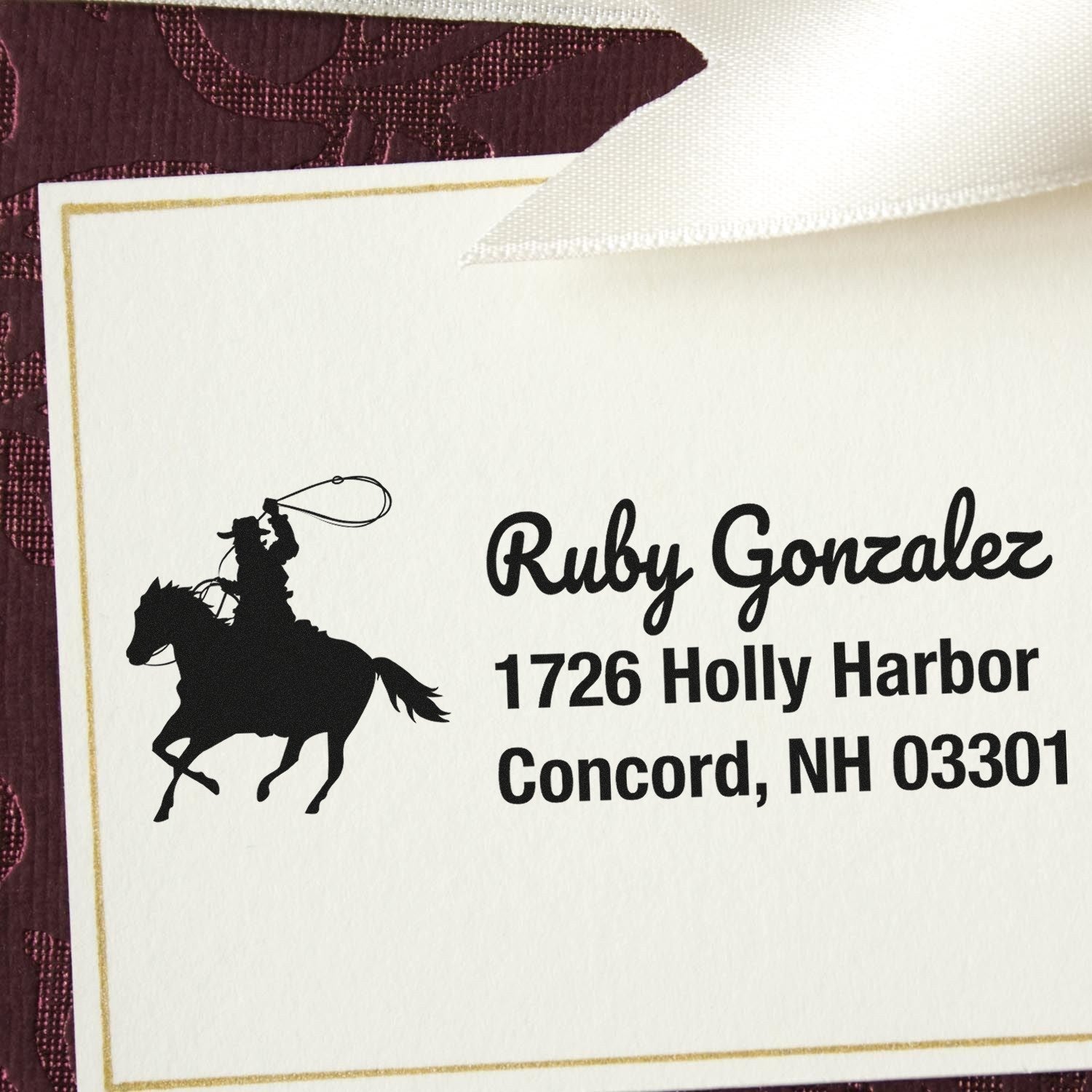 Custom address rubber stamp with cowboy roping horse silhouette for Ruby Gonzalez, Concord, NH.