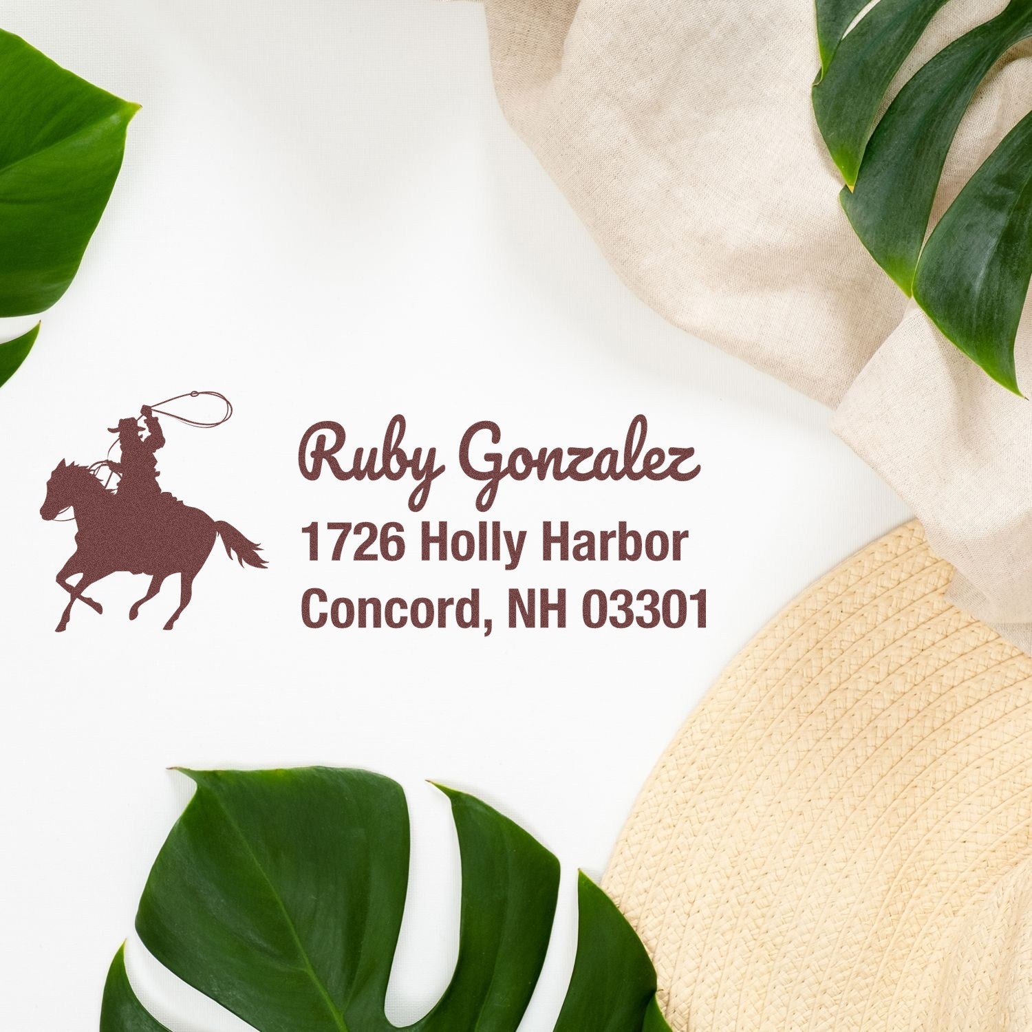 Custom western horse return address rubber stamp with rider silhouette, Ruby Gonzalez name, and Concord NH 03301 address