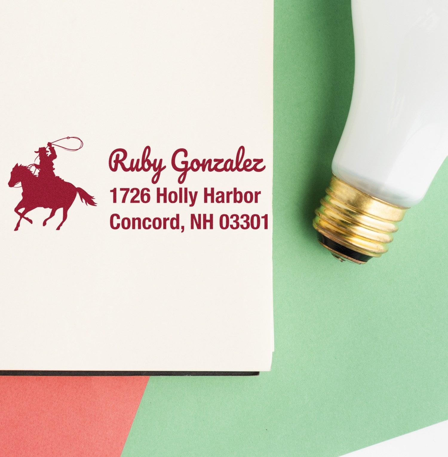 Custom horse-and-rider return address rubber stamp for Ruby Gonzalez, Concord, NH 03301
