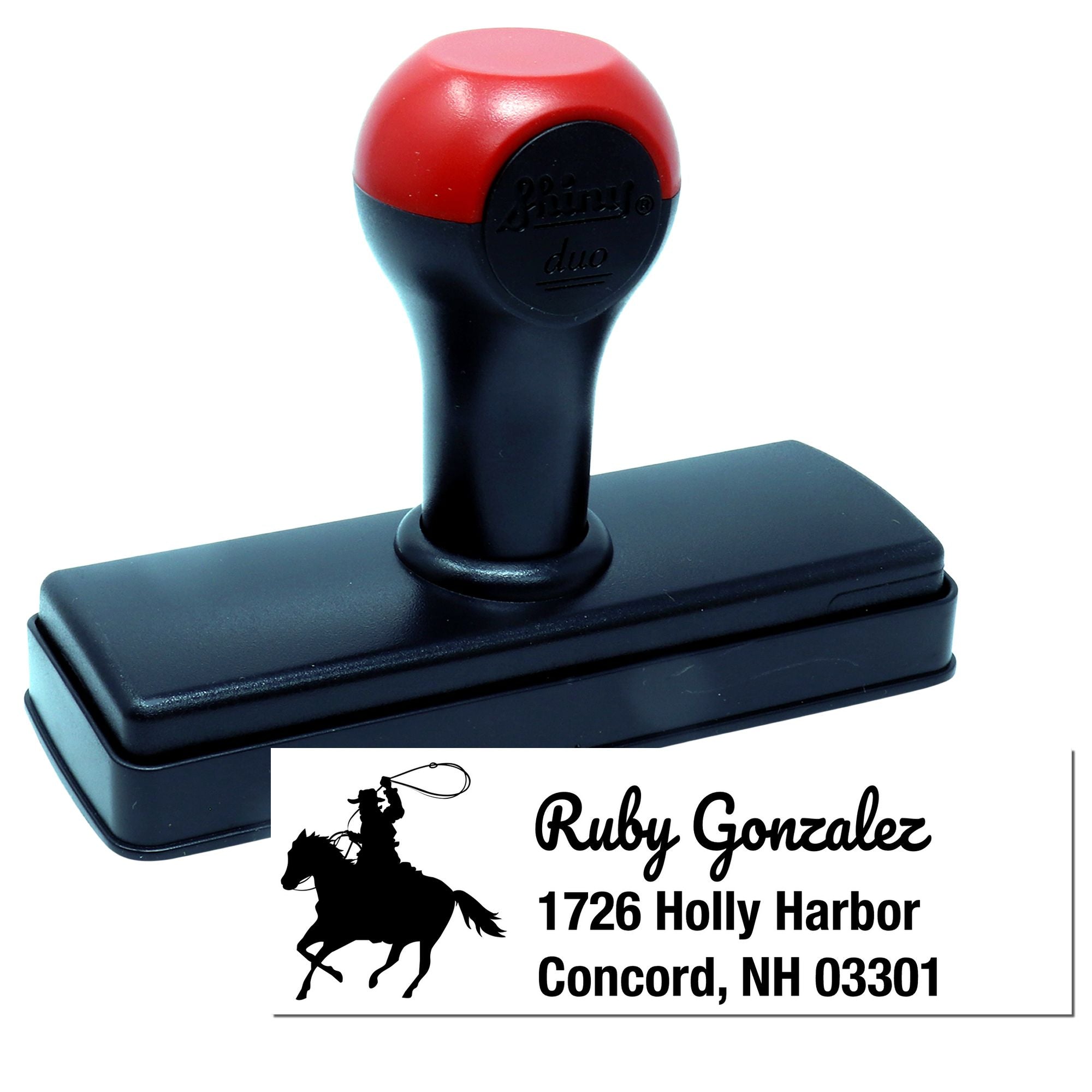 Custom self-inking rubber address stamp with horse rider logo for ranch return address and western business mailings