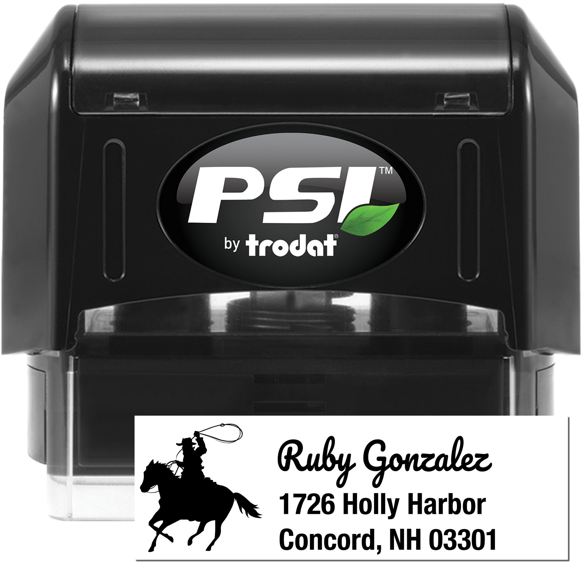 PSI by Trodat self-inking rubber address stamp with custom horse rider design and Ruby Gonzalez return address