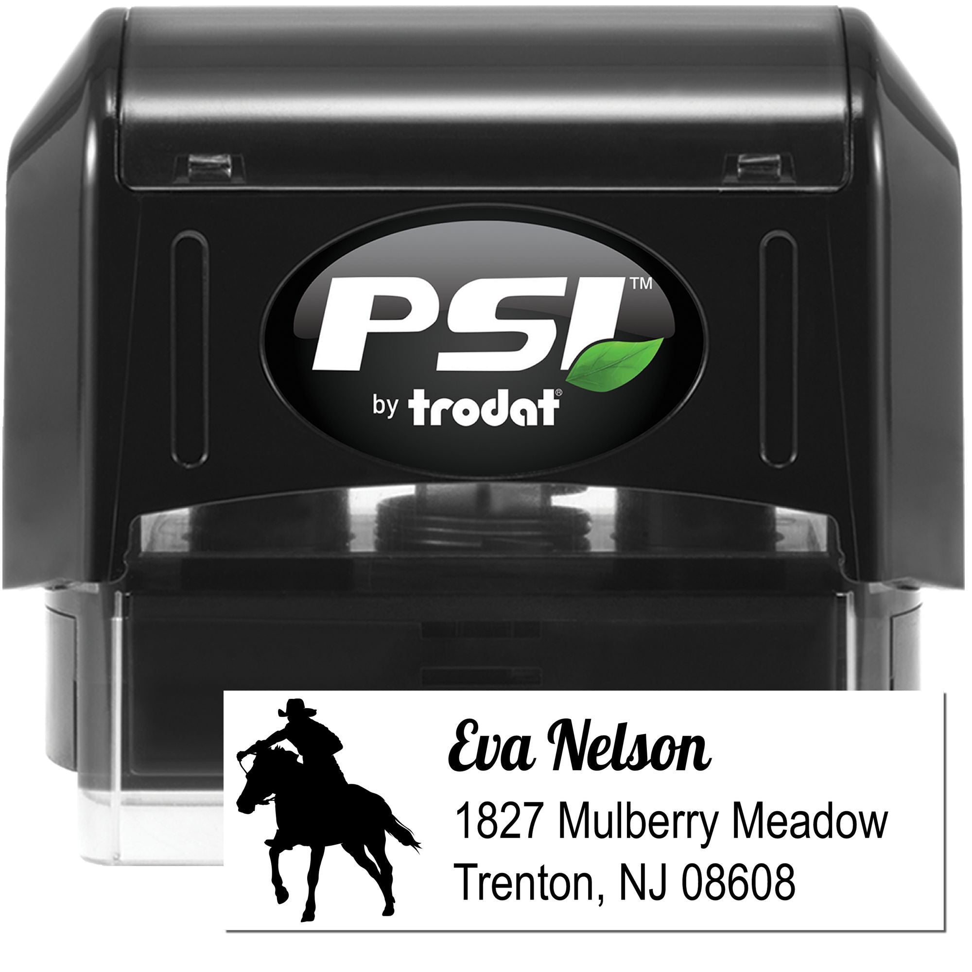 Custom self-inking rubber address stamp by PSI Trodat with horse design, name, and return address for personalized mailings.