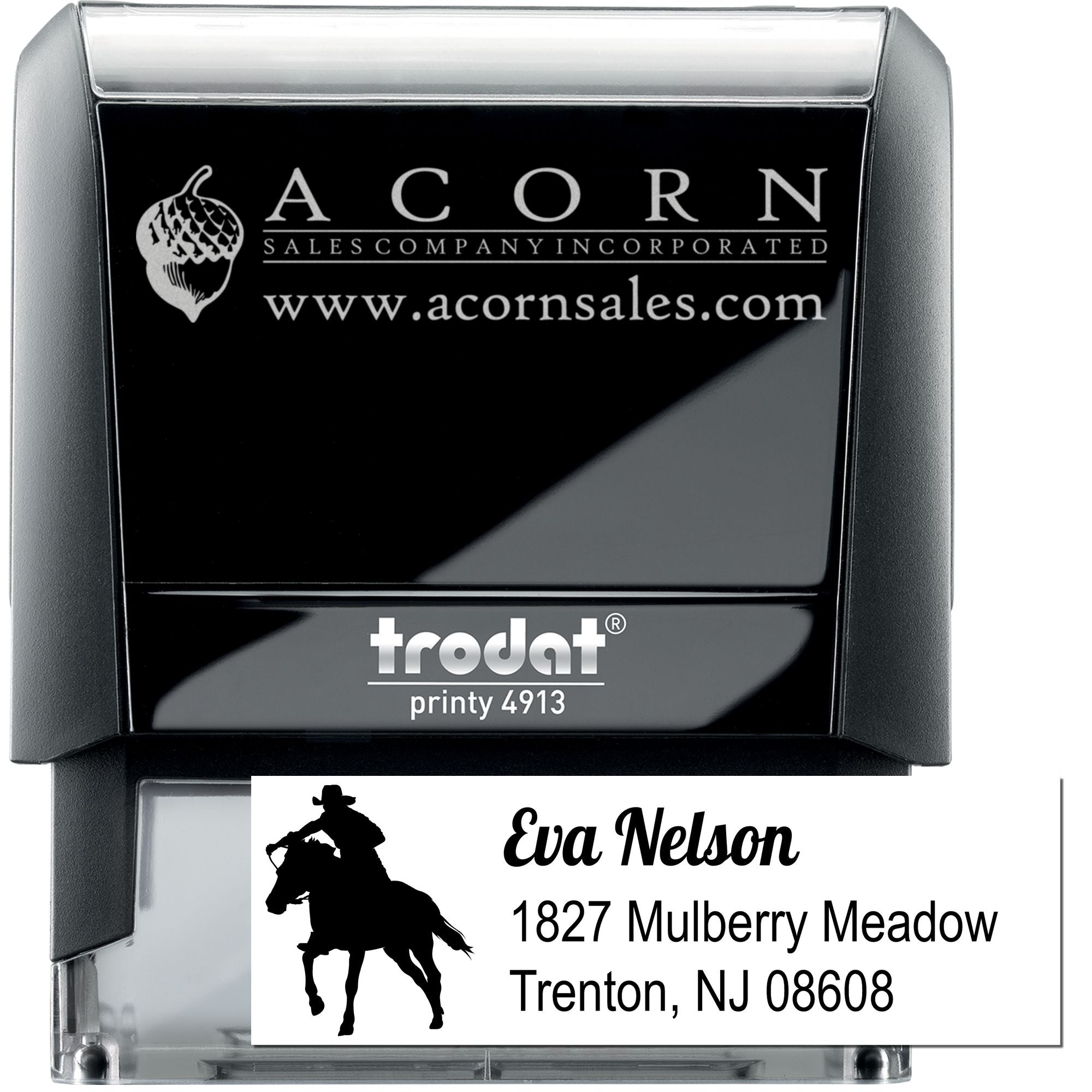 Examples of custom self-inking rubber stamps for business logos and return address labels.