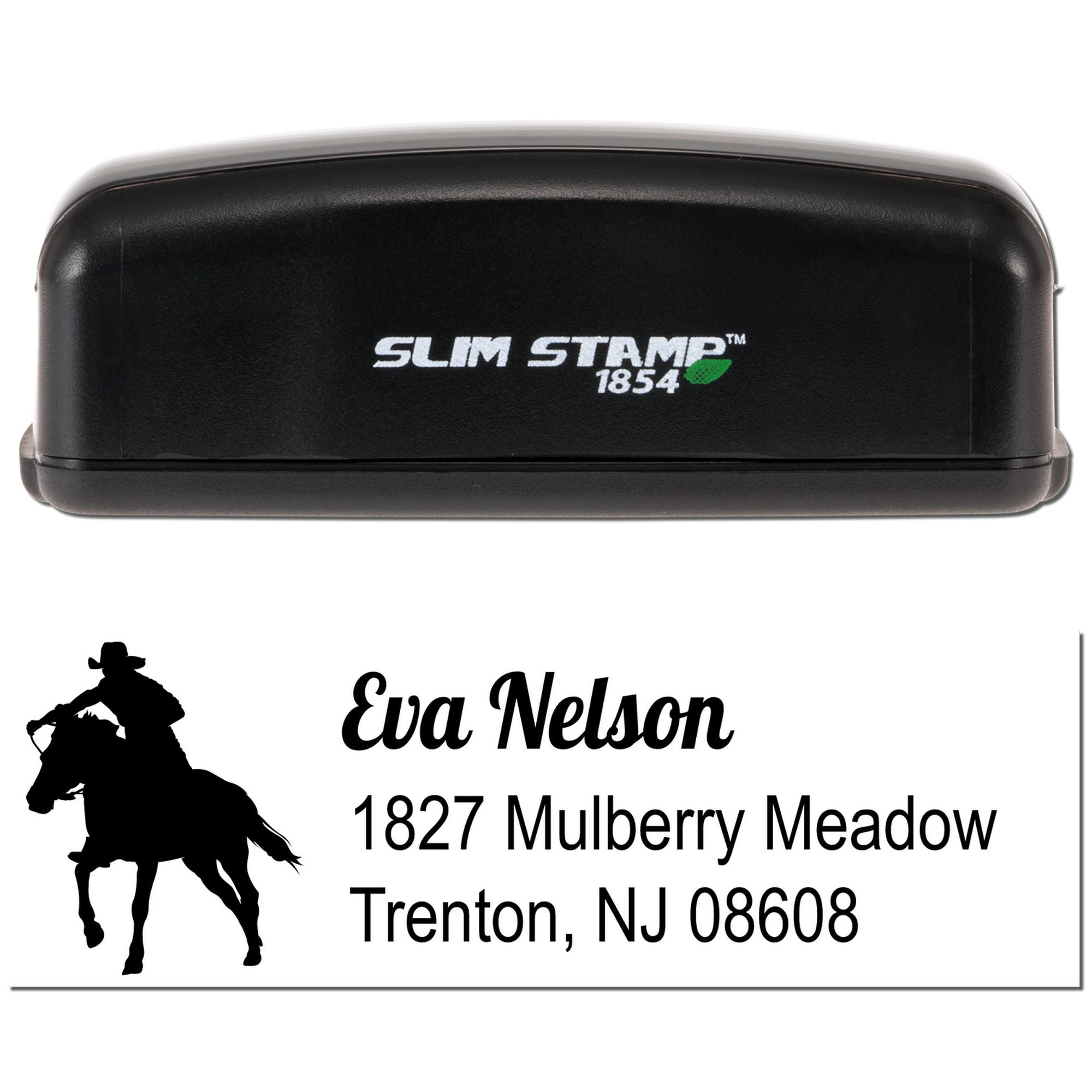 Custom address rubber stamp with horse rider logo, showing Slim Stamp 1854 and Eva Nelson Trenton NJ imprint.