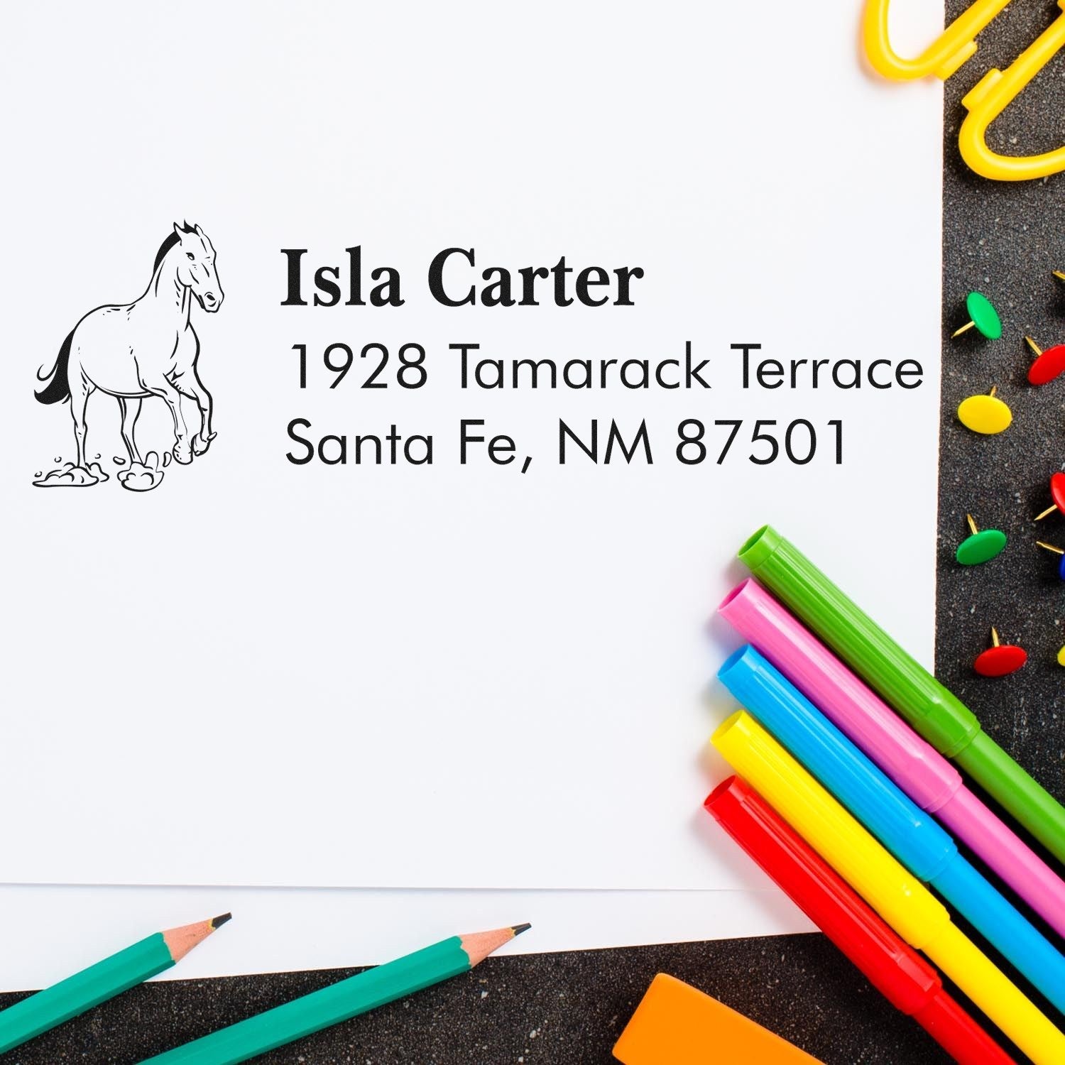 Personalized horse address rubber stamp for Isla Carter with Santa Fe, NM return address