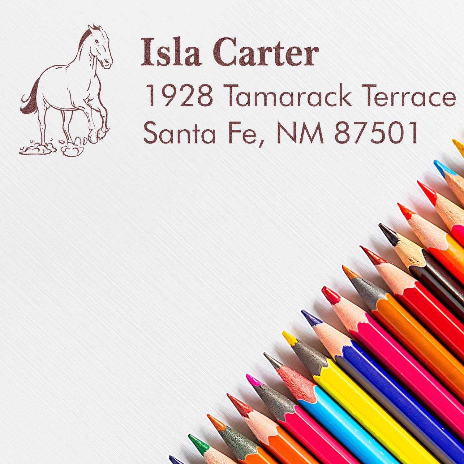 Personalized horse return address rubber stamp for Isla Carter, 1928 Tamarack Terrace, Santa Fe, NM 87501