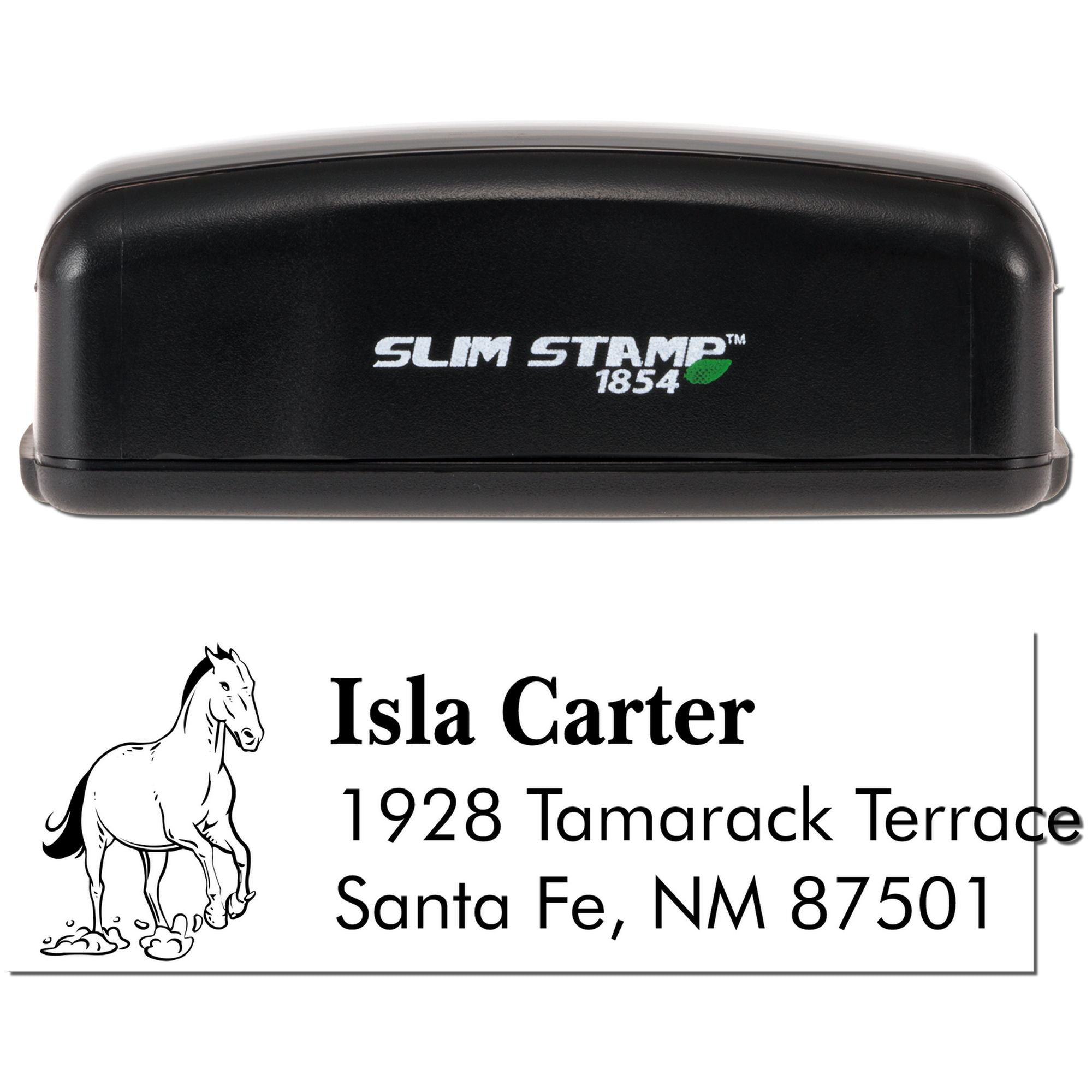 Slim Stamp 1854 self-inking rubber stamp with custom horse address design for mailing and return addresses