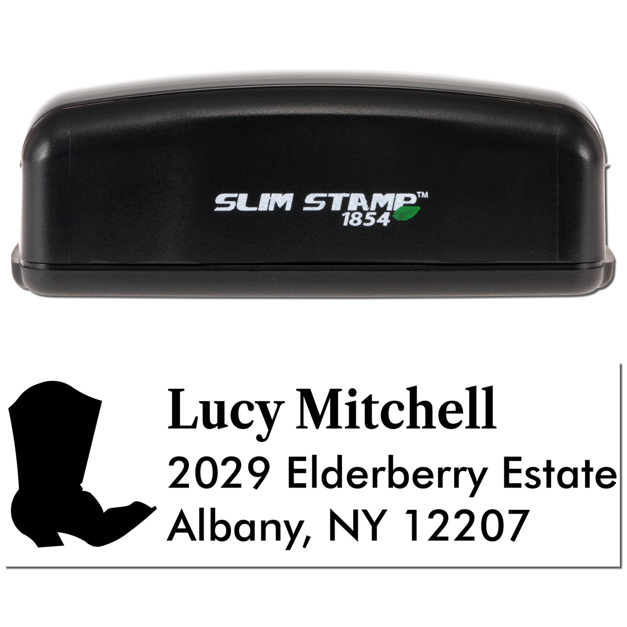 Slim Stamp 1854 personalized custom address rubber stamp for Lucy Mitchell, Albany, NY 12207
