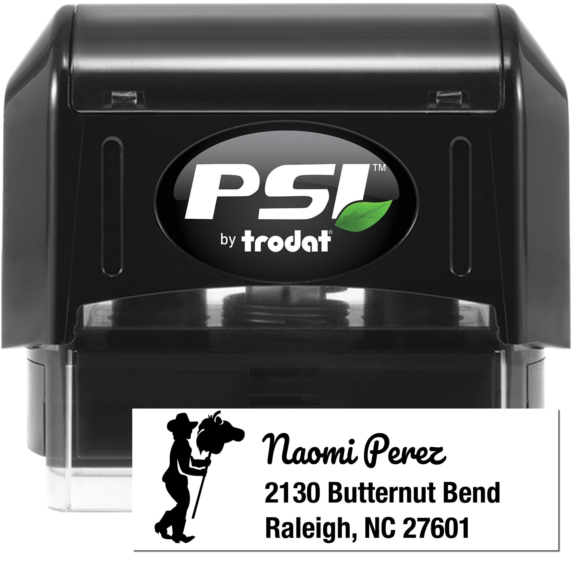 Custom self-inking rubber stamp by Trodat PSI with personalized return address design for mailing and business use.