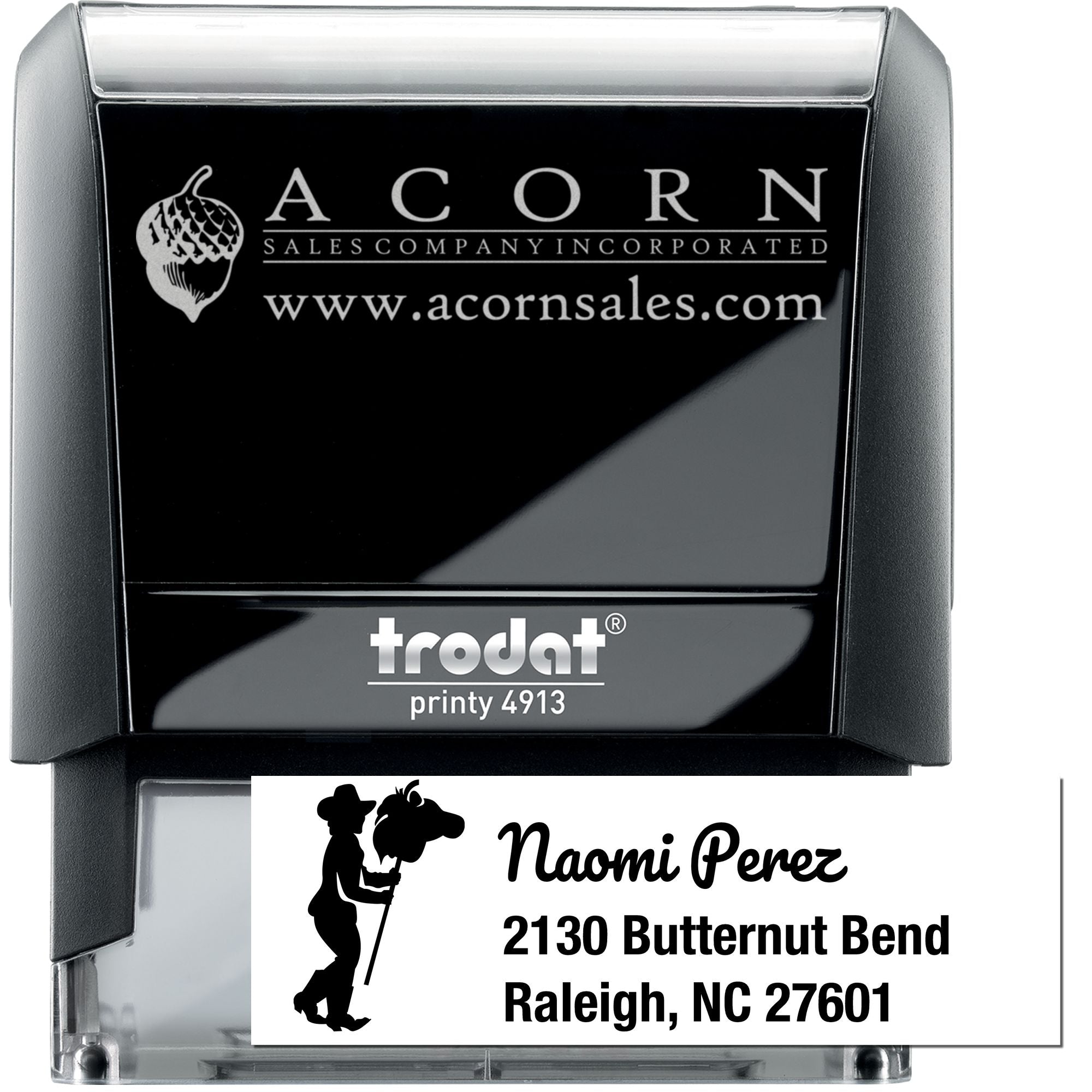 Custom self-inking rubber stamp with logo and address imprint, Trodat Printy 4913 for business mailing.