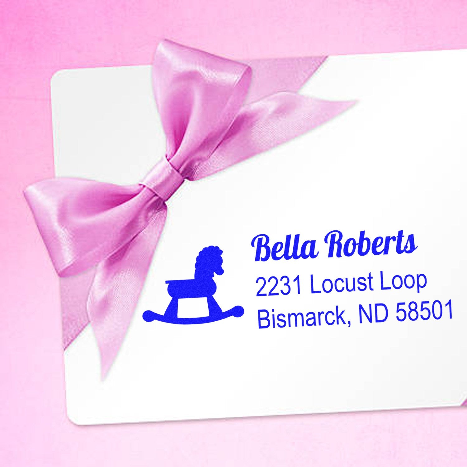 Custom return address rubber stamp with rocking horse design for baby shower stationery and envelopes