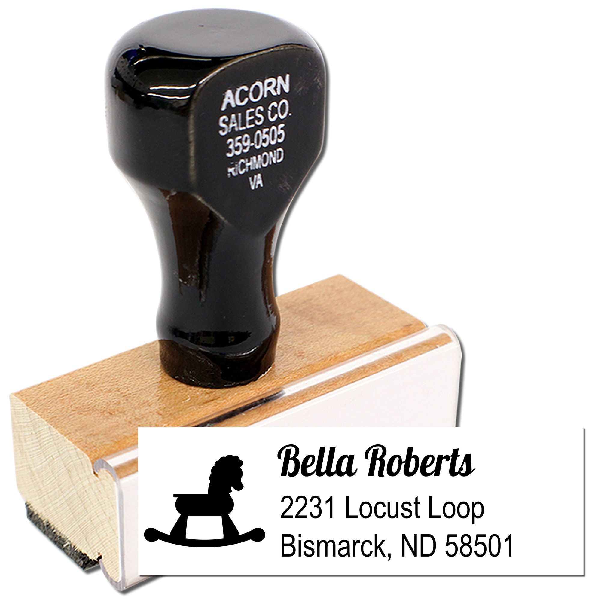 Custom rubber address stamp with rocking horse design and Bella Roberts return address for Bismarck, ND mailings.