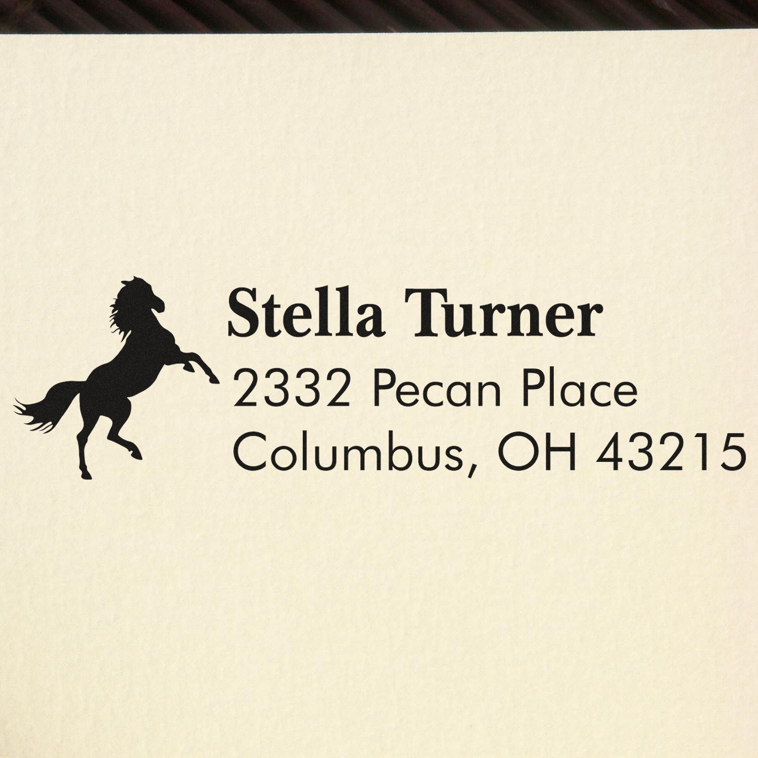 Personalized horse silhouette return address rubber stamp for Stella Turner, 2332 Pecan Place, Columbus, OH 43215