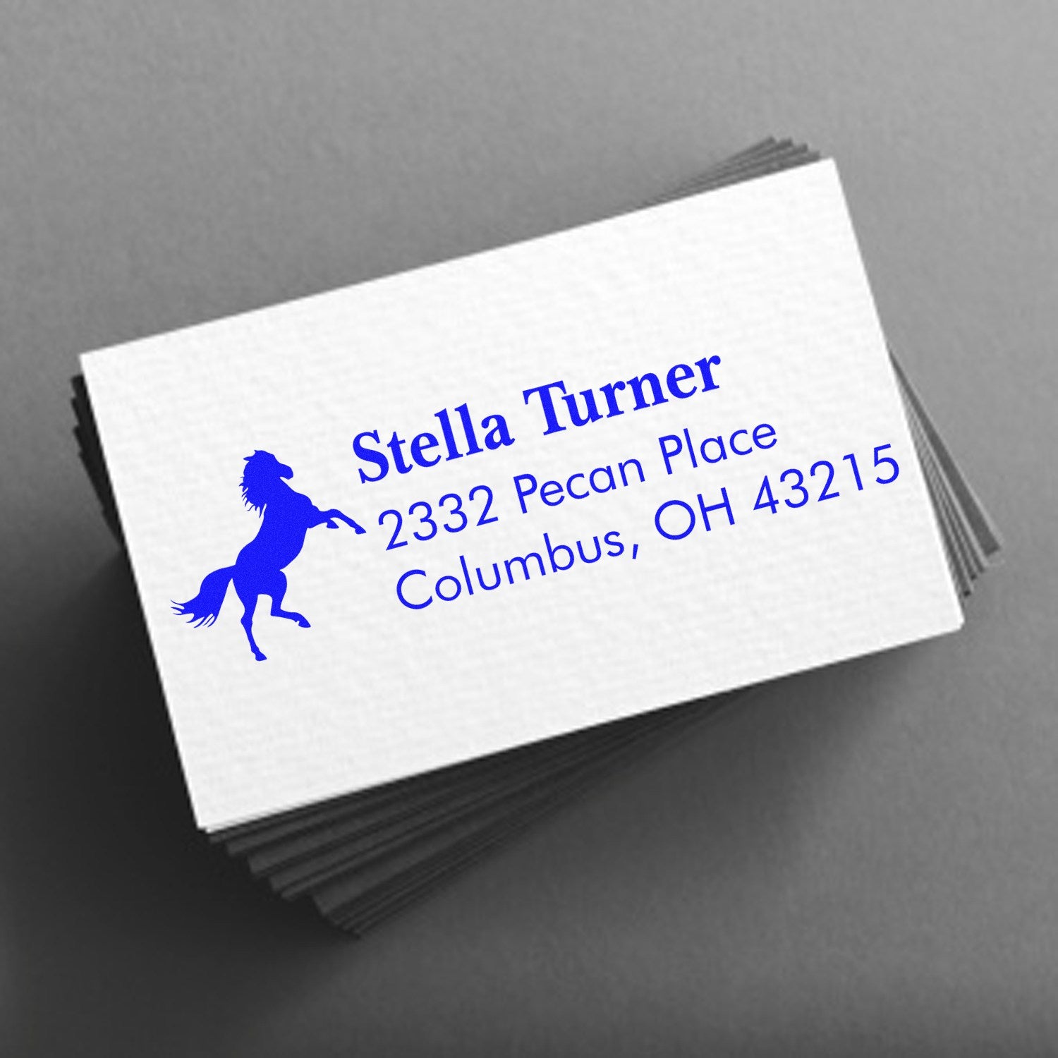 Custom rubber return address stamp with horse silhouette for Stella Turner, Columbus OH 43215