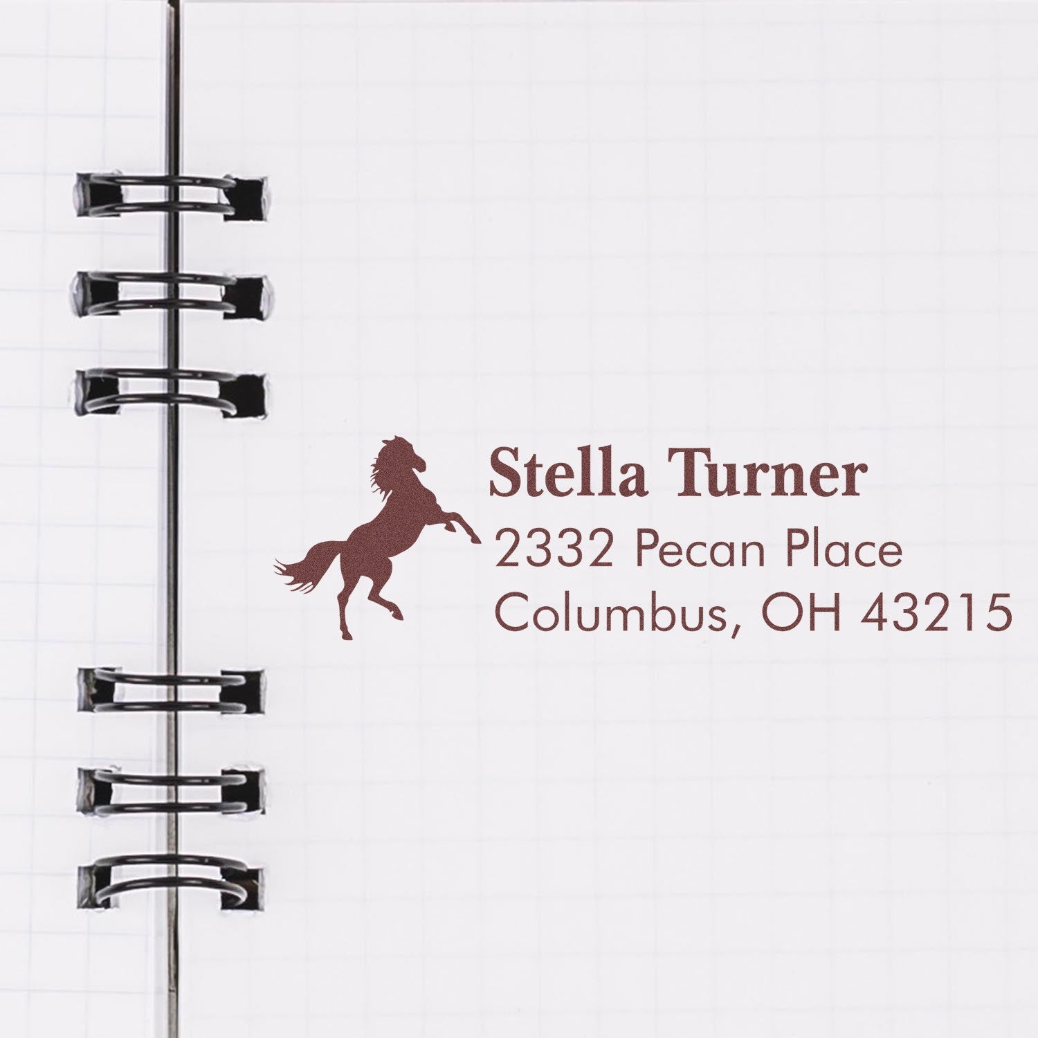 Custom rubber address stamp with horse silhouette for Stella Turner, 2332 Pecan Place, Columbus, OH 43215.