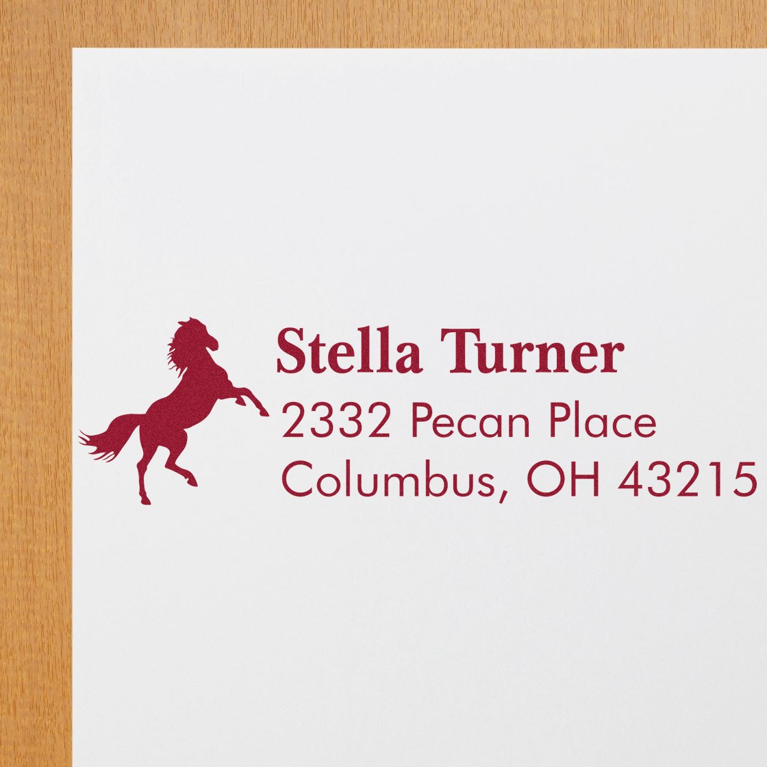 Personalized horse return address rubber stamp with name, street address, and Columbus, OH for envelopes and stationery.